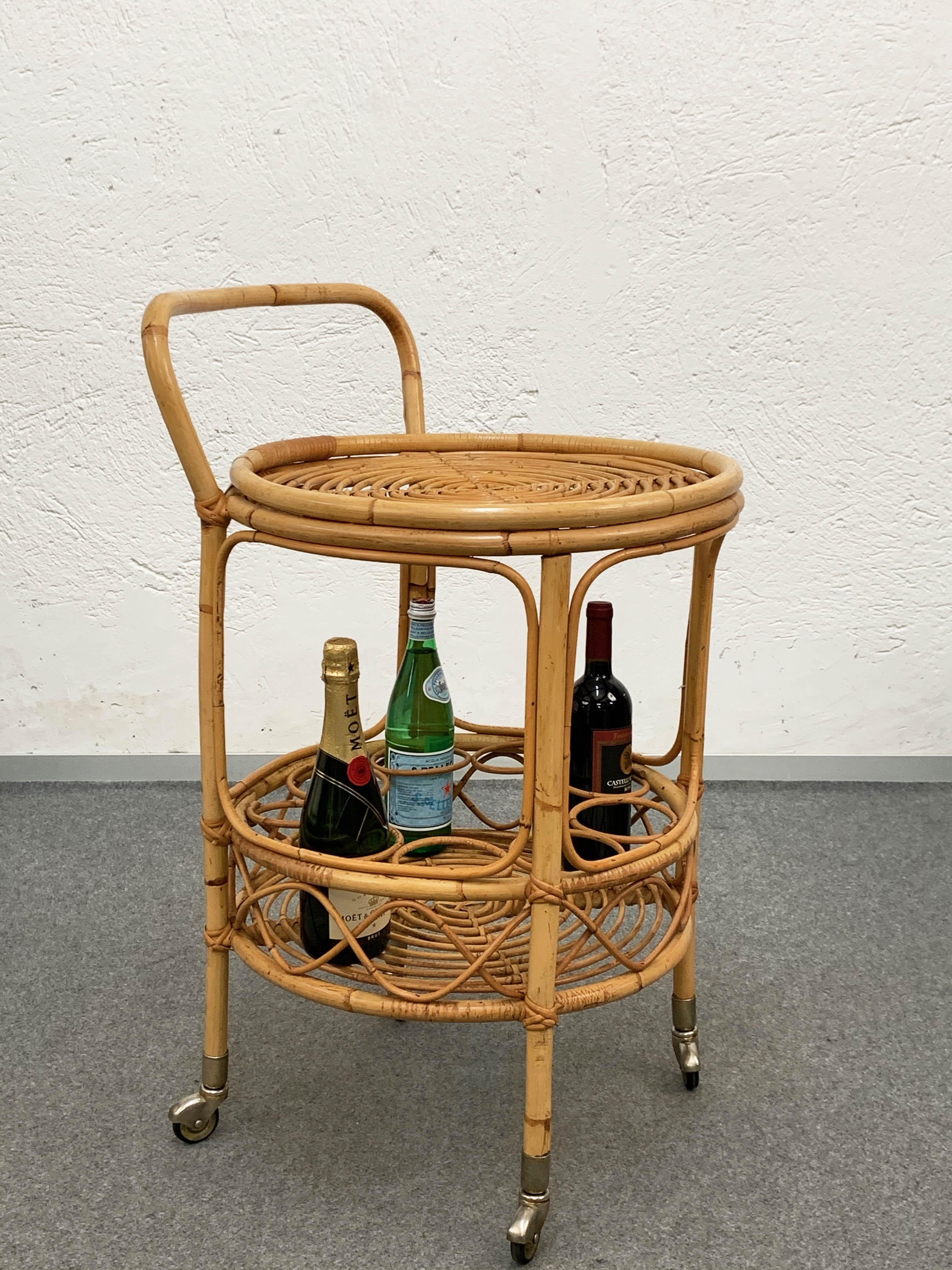 Mid-20th Century Midcentury Bamboo and Rattan Round Italian Service Side Bar Cart, 1960s