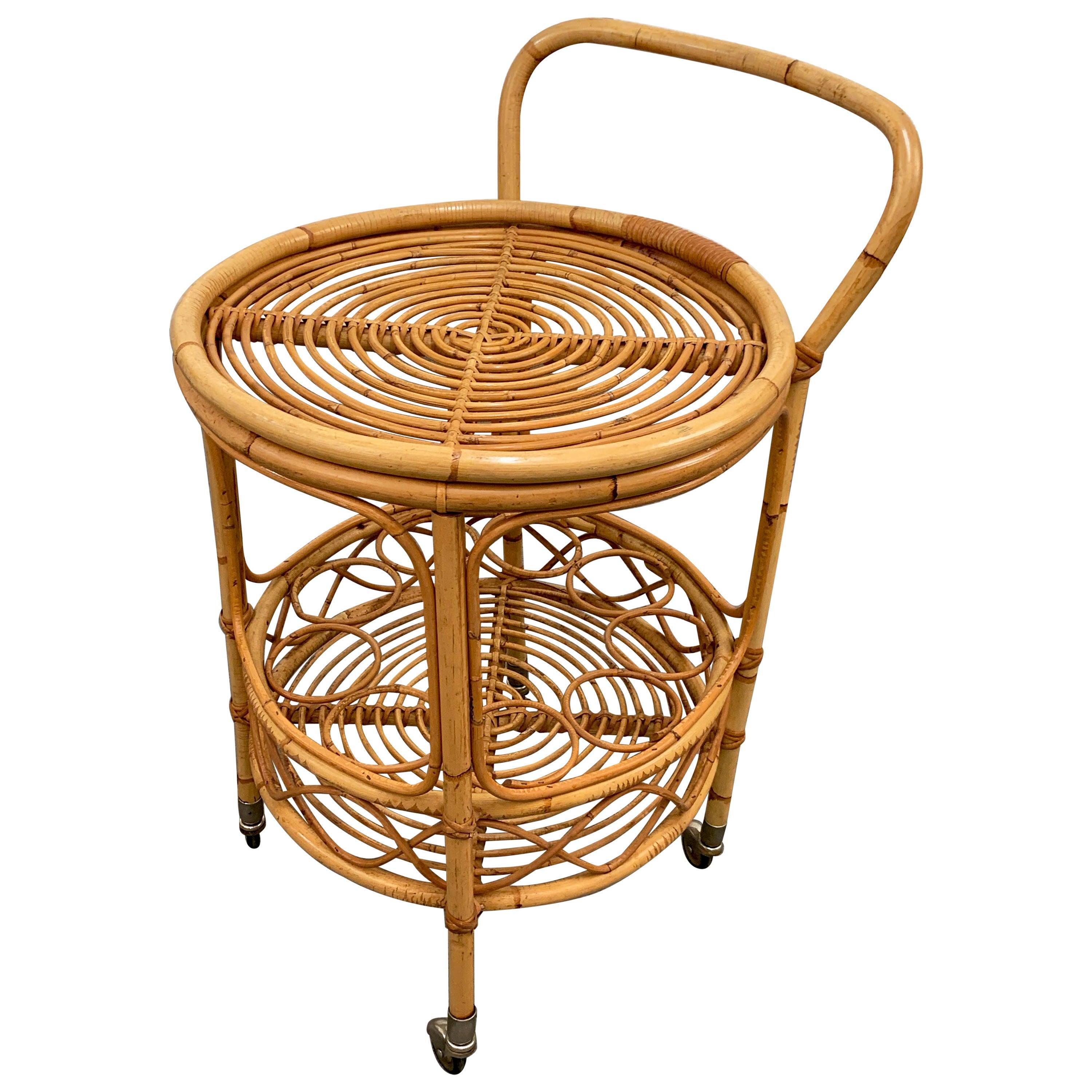 Midcentury Bamboo and Rattan Round Italian Service Side Bar Cart, 1960s