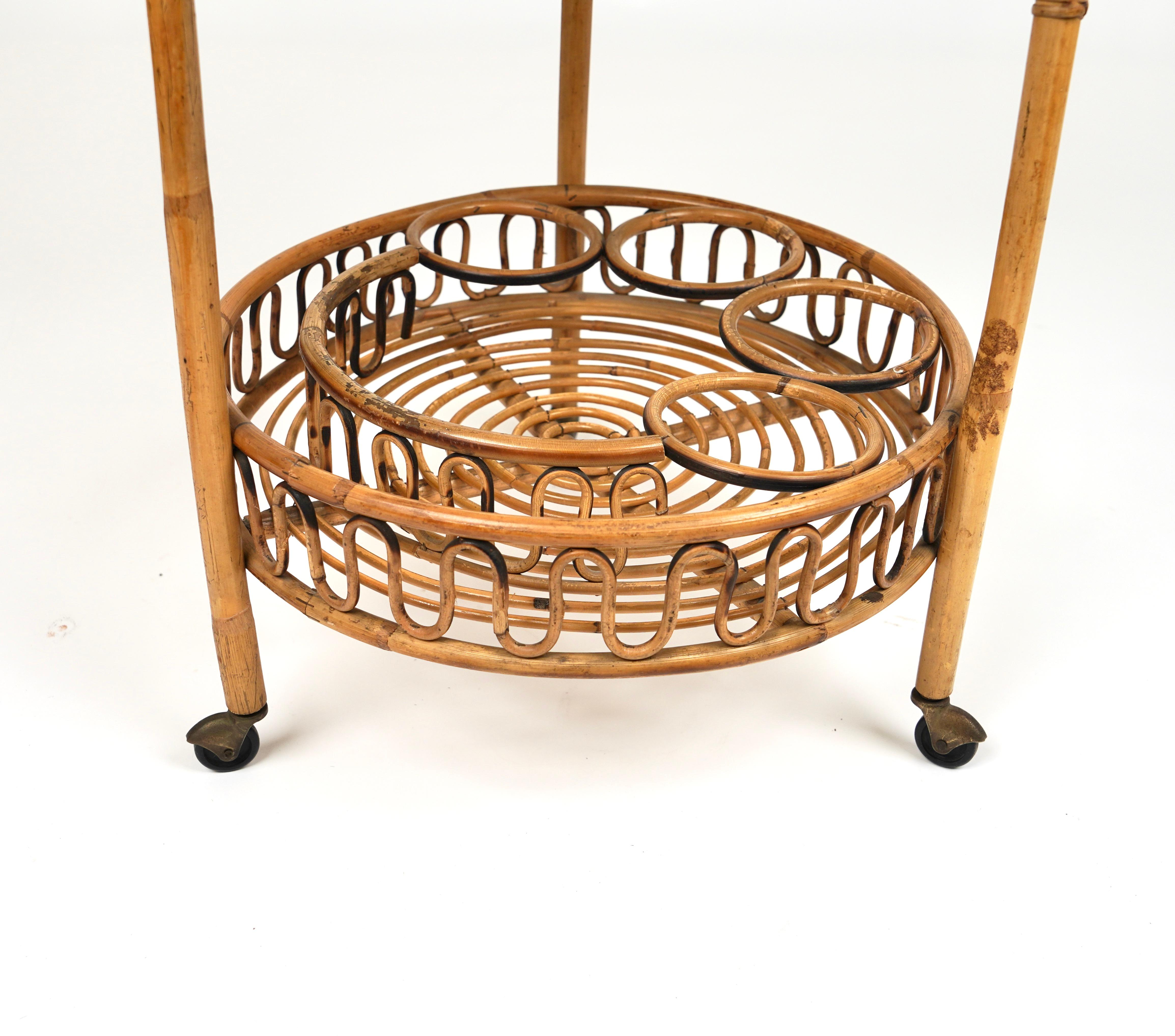 Midcentury Bamboo and Rattan Round Serving Bar Cart Trolley, Italy, circa 1960s For Sale 4