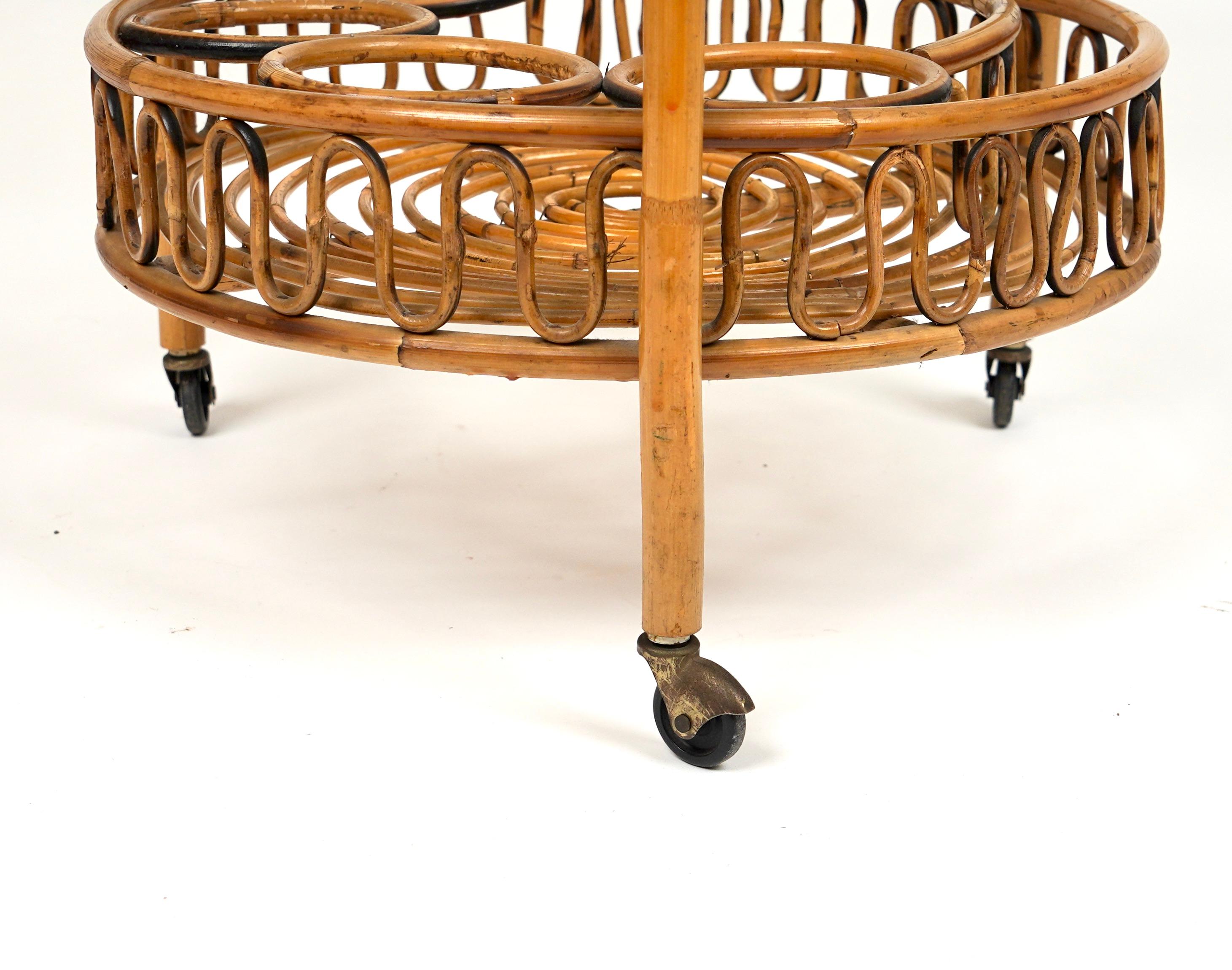Midcentury Bamboo and Rattan Round Serving Bar Cart Trolley, Italy, circa 1960s For Sale 6