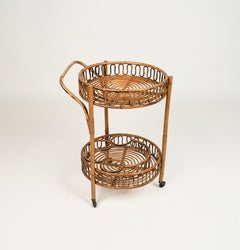 Midcentury Bamboo and Rattan Round Serving Bar Cart Trolley, Italy, circa 1960s