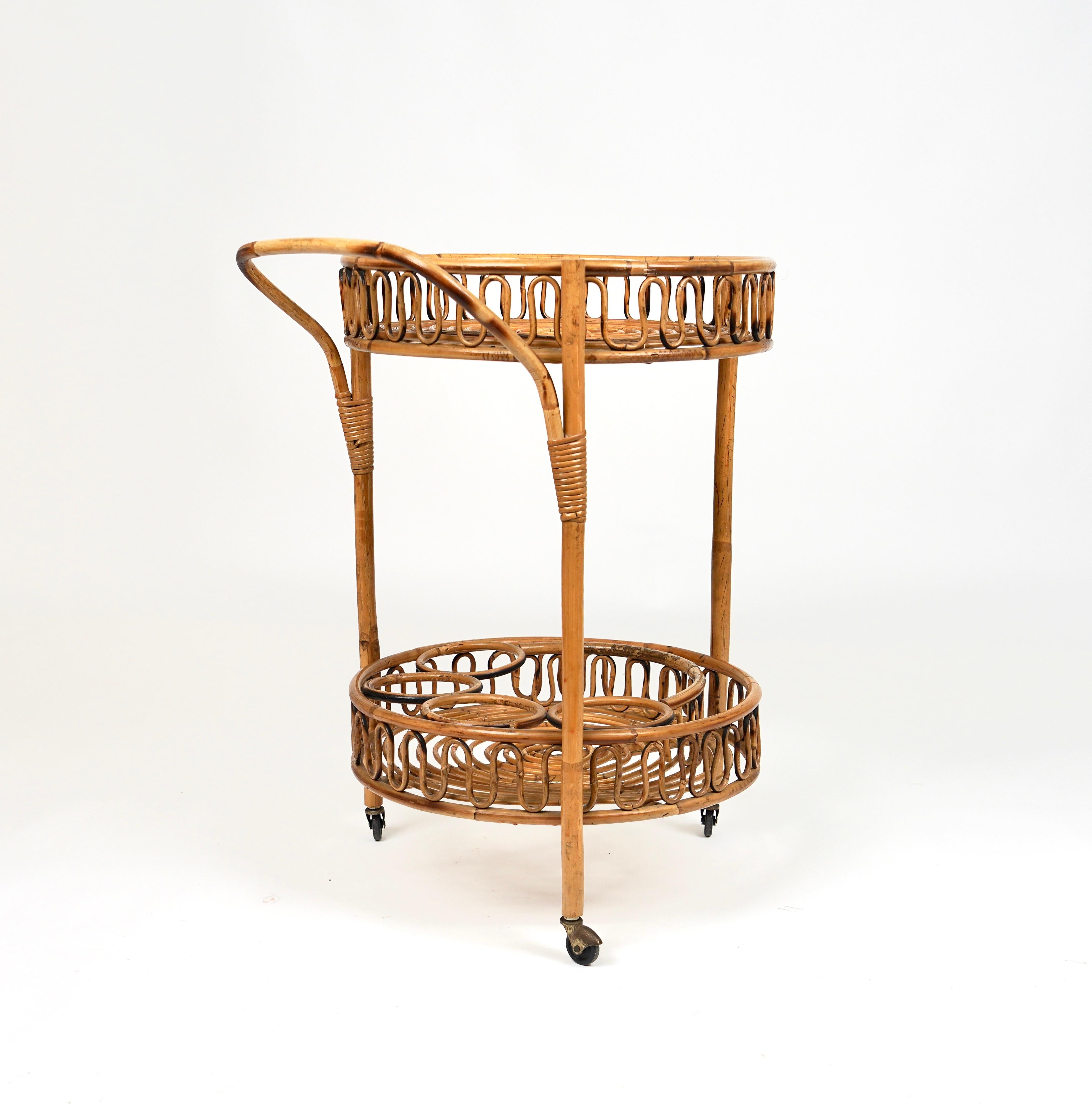 Midcentury Bamboo and Rattan Round Serving Bar Cart Trolley, Italy, circa 1960s For Sale 2