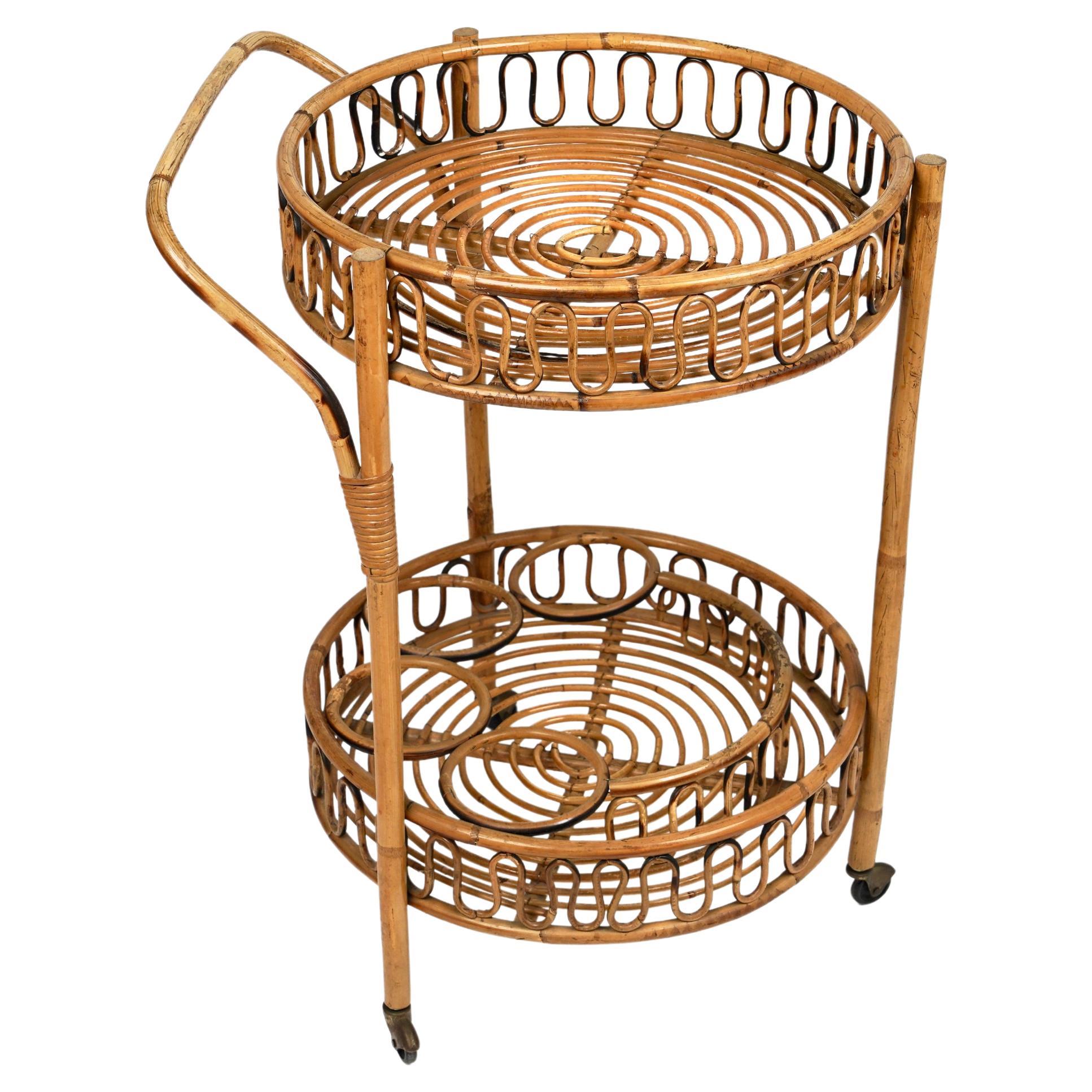 Midcentury Bamboo and Rattan Round Serving Bar Cart Trolley, Italy, circa 1960s For Sale