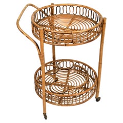Midcentury Bamboo and Rattan Round Serving Bar Cart Trolley, Italy, circa 1960s
