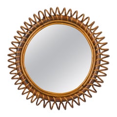 Midcentury Bamboo and Rattan Round Wall Mirror Franco Albini Style, Italy 1960s