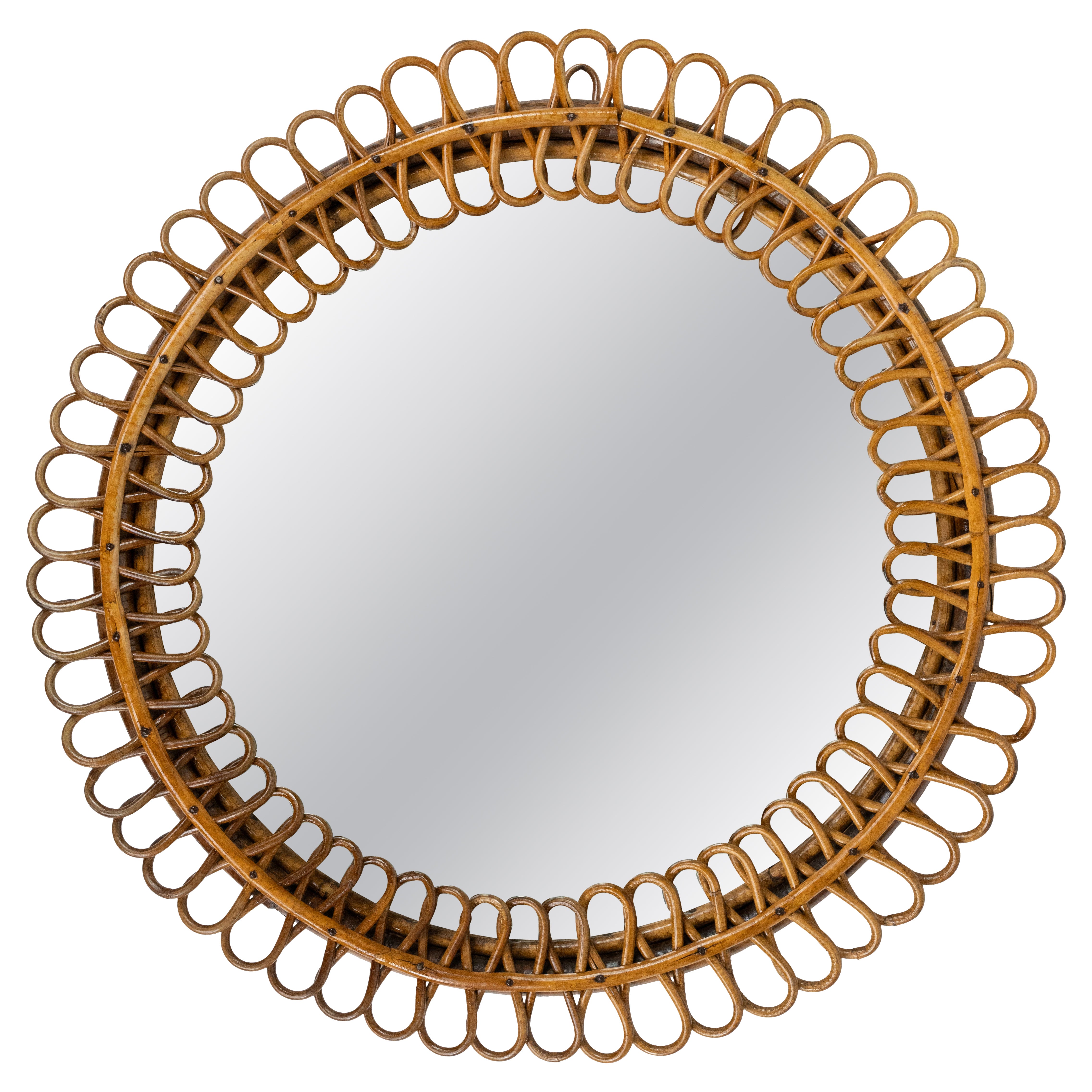 Specchio da parete rotondo in bambù e rattan del Medioevo Stile Franco Albini, Italia 1960