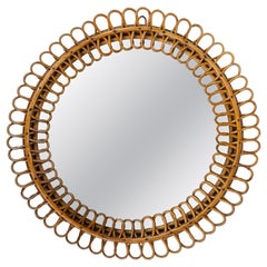 Midcentury Bamboo and Rattan Round Wall Mirror Franco Albini Style, Italy 1960s