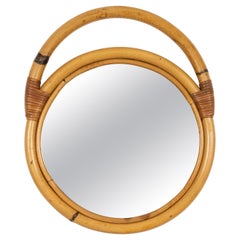 Midcentury Bamboo and Rattan Round Wall Mirror, Italy 1970s
