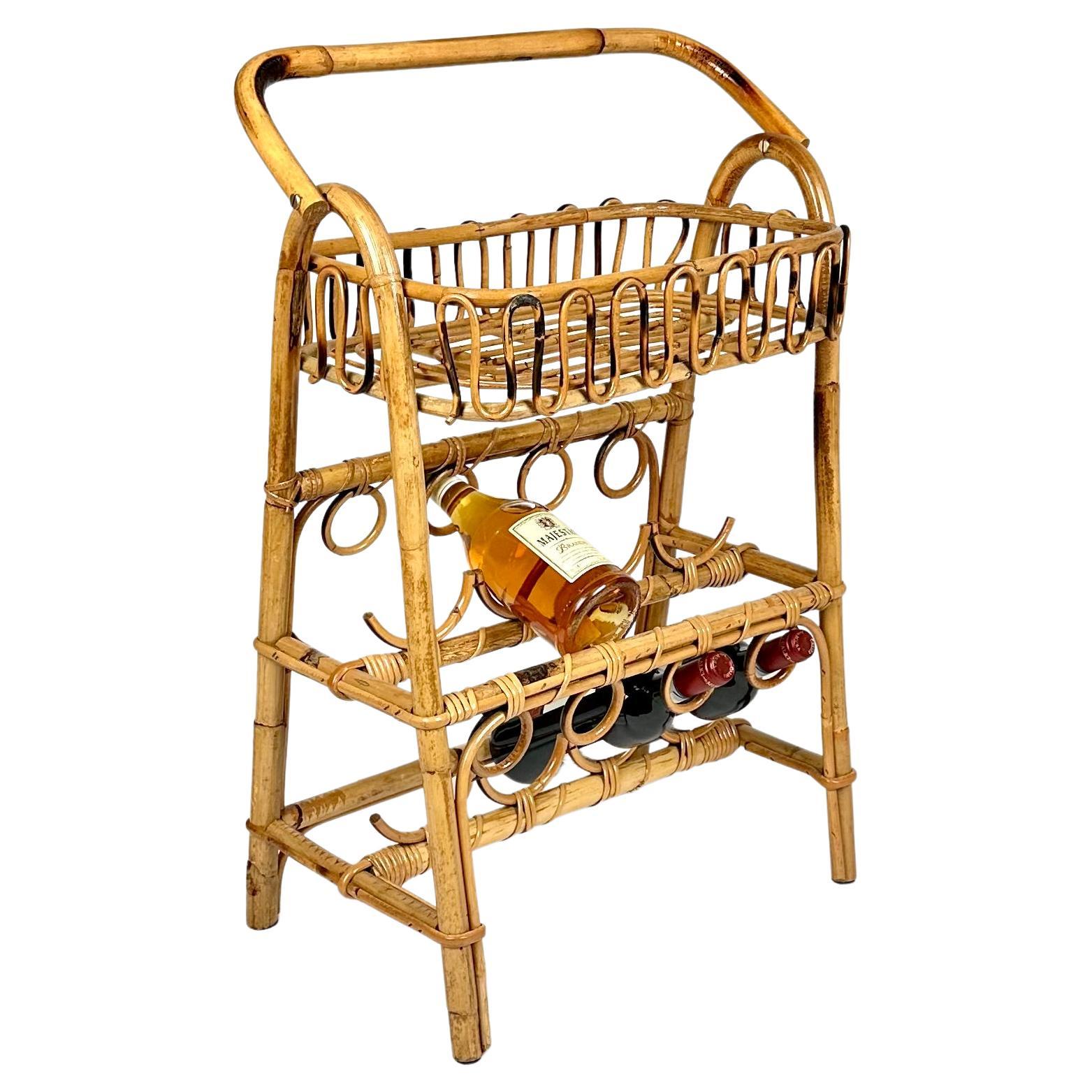 Midcentury Bamboo and Rattan Service Bar Table with Bottle Holder, Italy, 1960s For Sale 6