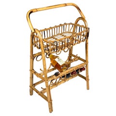 Midcentury Bamboo and Rattan Service Bar Table with Bottle Holder, Italy, 1960s