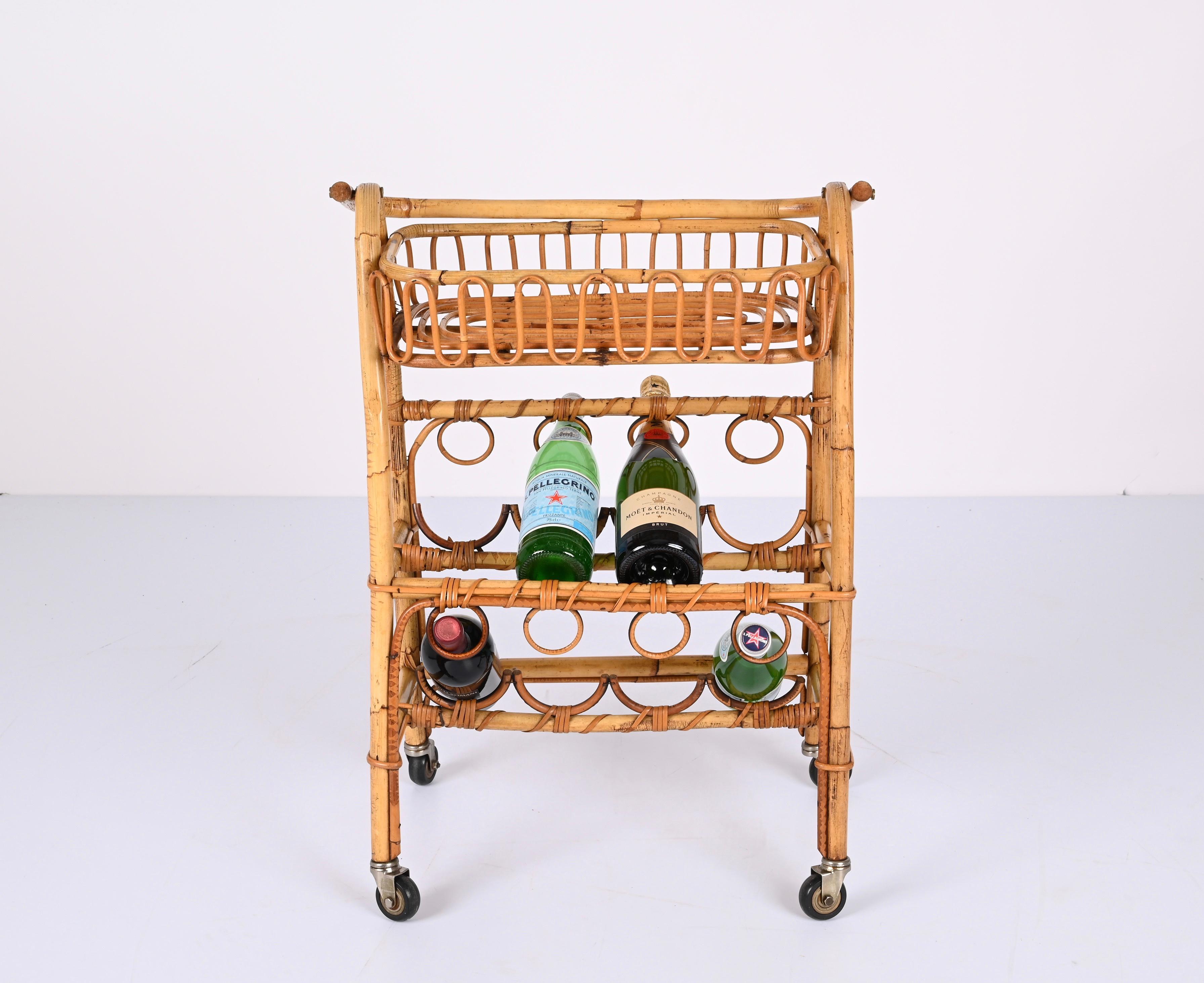 Midcentury Bamboo and Rattan Service Service Table with Bottle Holder, 1960s For Sale 3