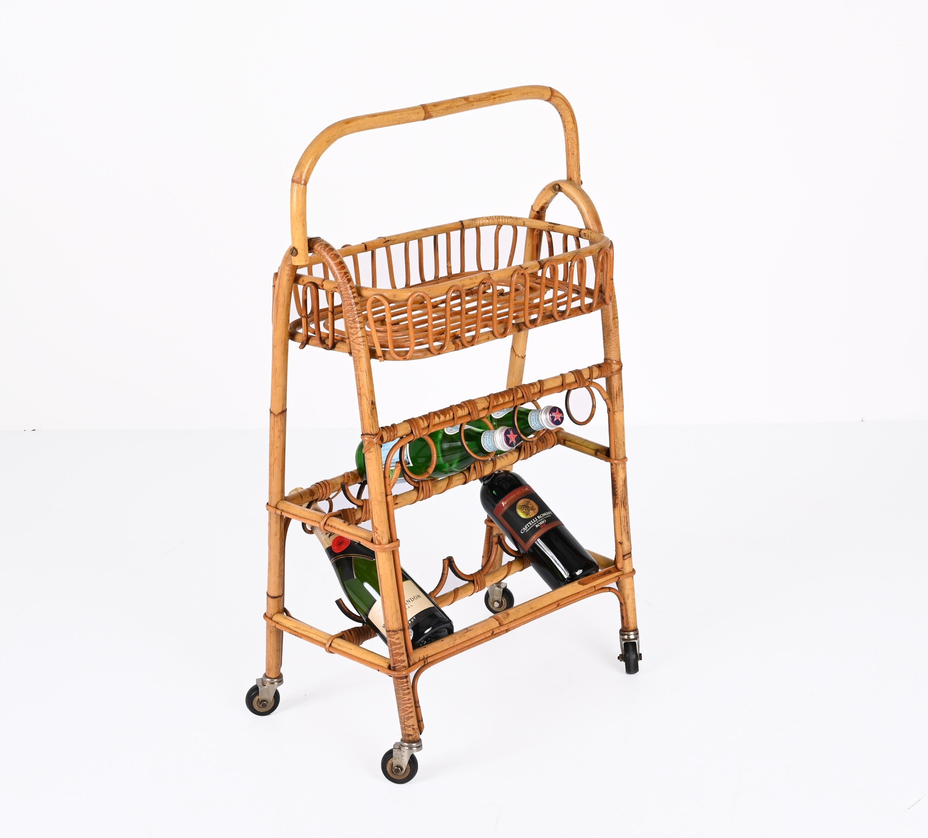 Midcentury Bamboo and Rattan Service Service Table with Bottle Holder, 1960s For Sale 4