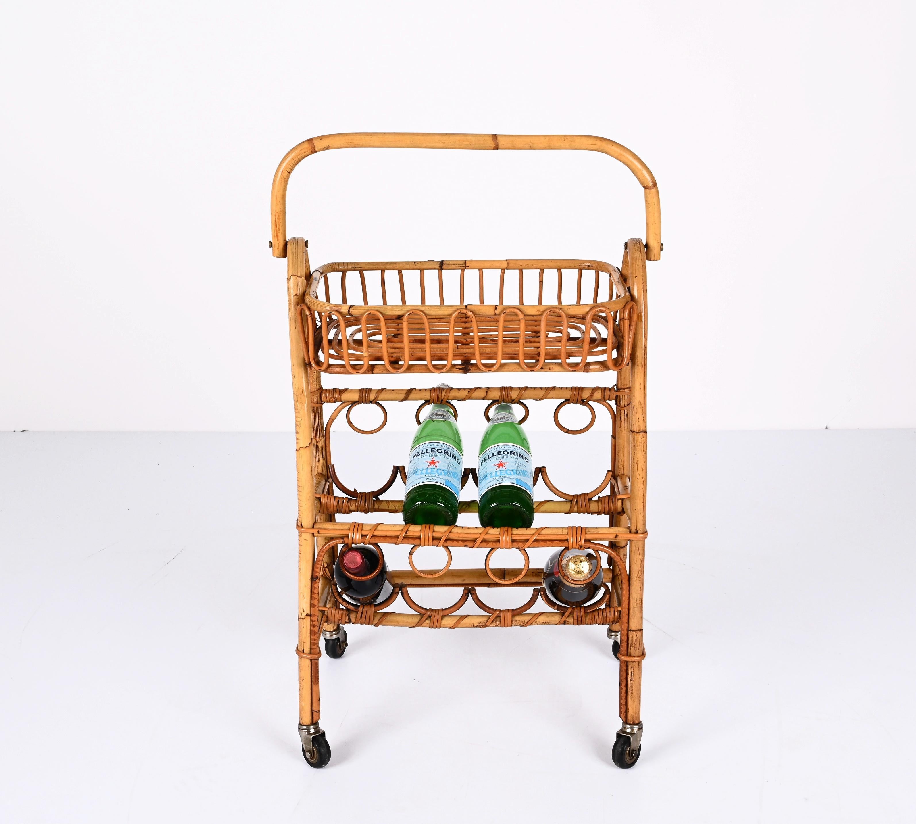 Midcentury Bamboo and Rattan Service Service Table with Bottle Holder, 1960s For Sale 6