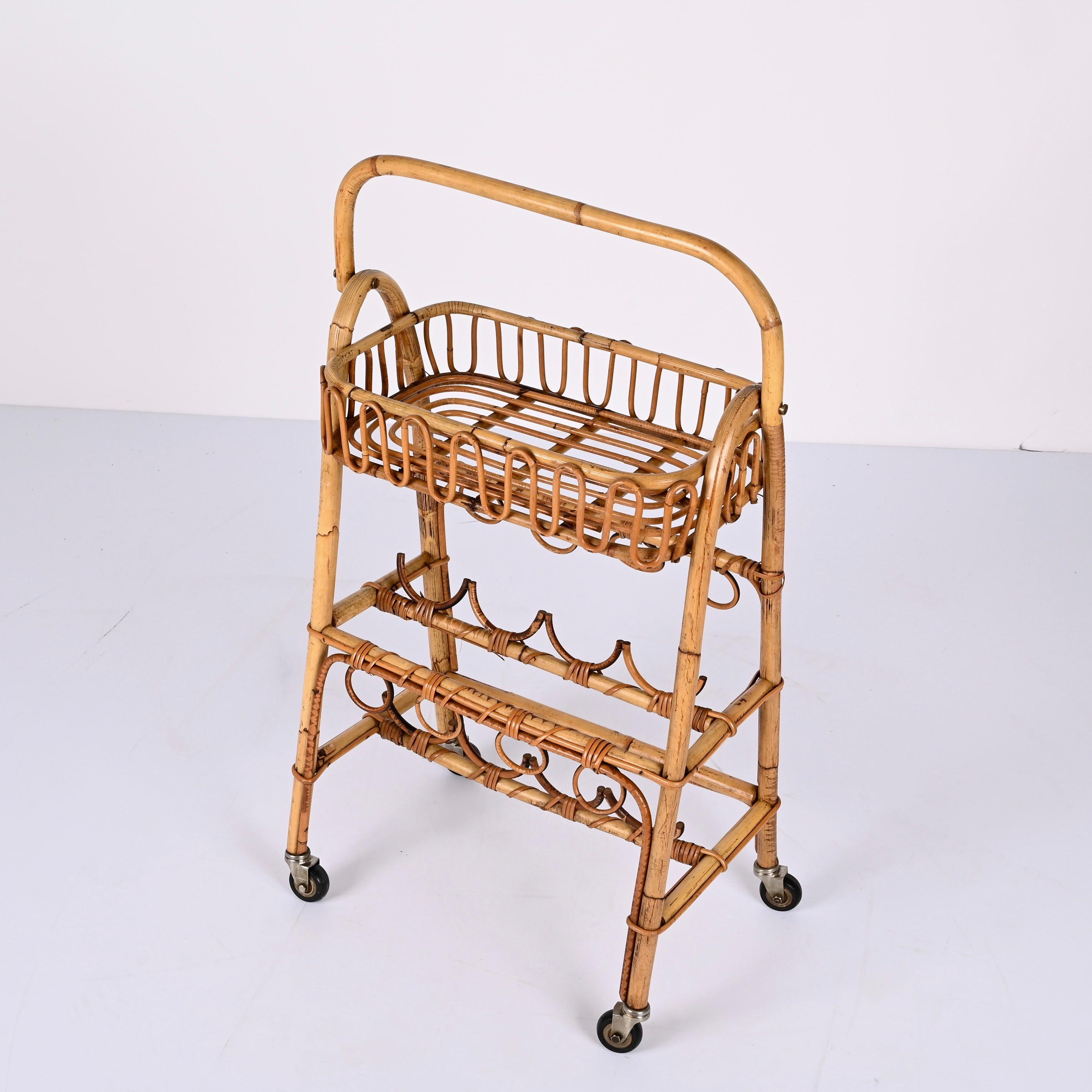 Mid-Century Modern Midcentury Bamboo and Rattan Service Service Table with Bottle Holder, 1960s For Sale