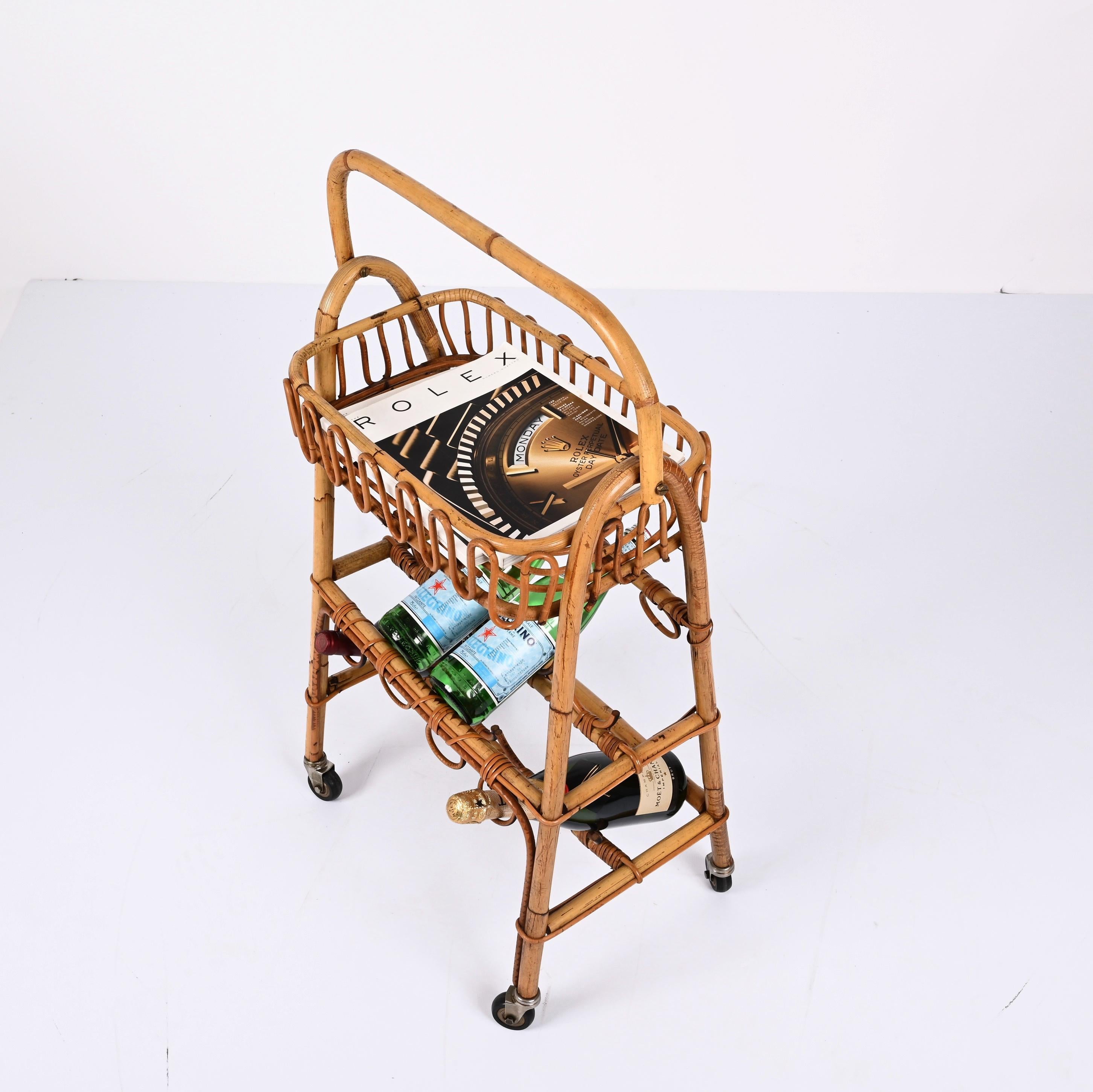 Midcentury Bamboo and Rattan Service Service Table with Bottle Holder, 1960s For Sale 2