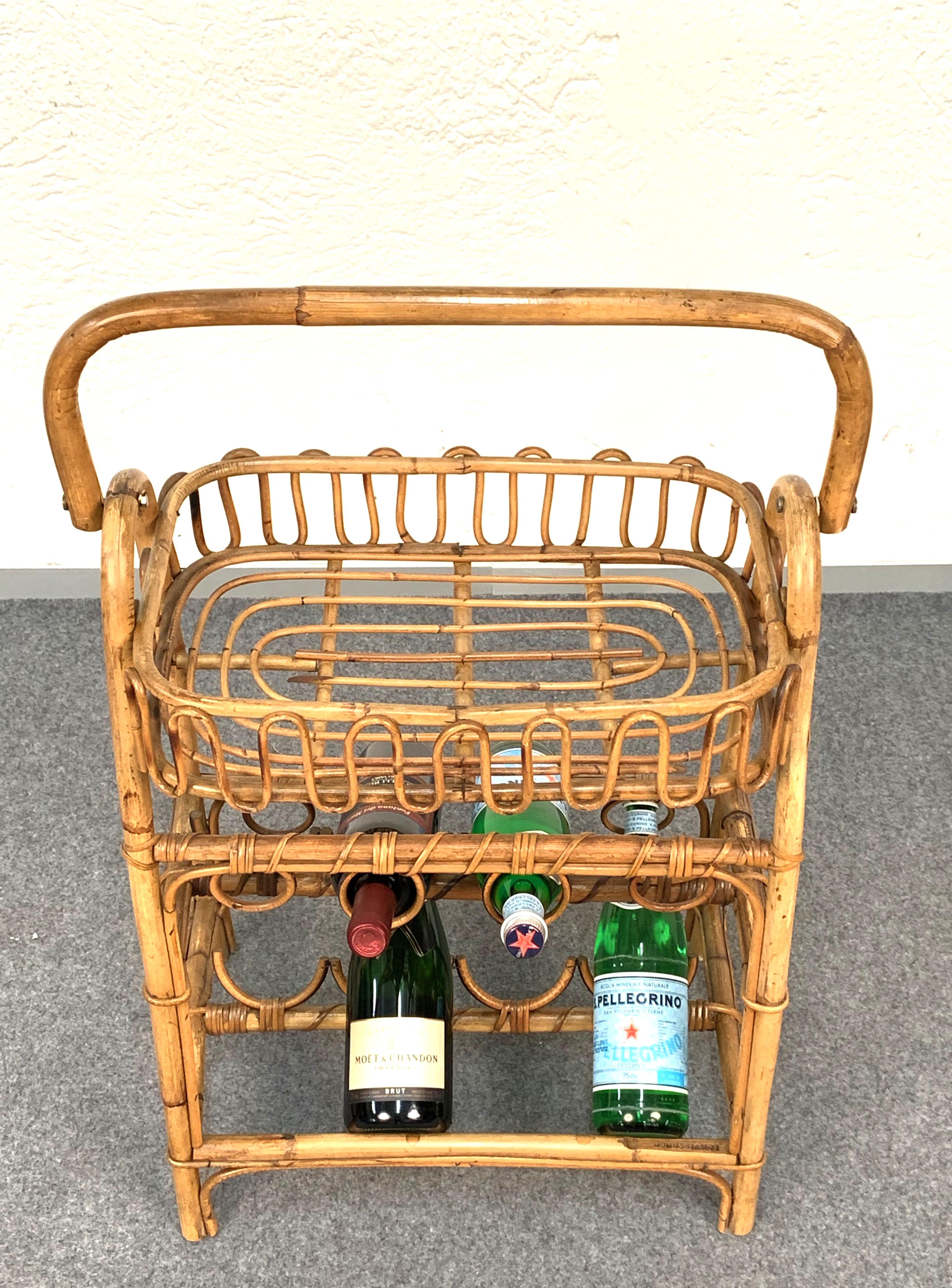 Midcentury Bamboo and Rattan Service Side Table with Bottle Holder, 1960 For Sale 3