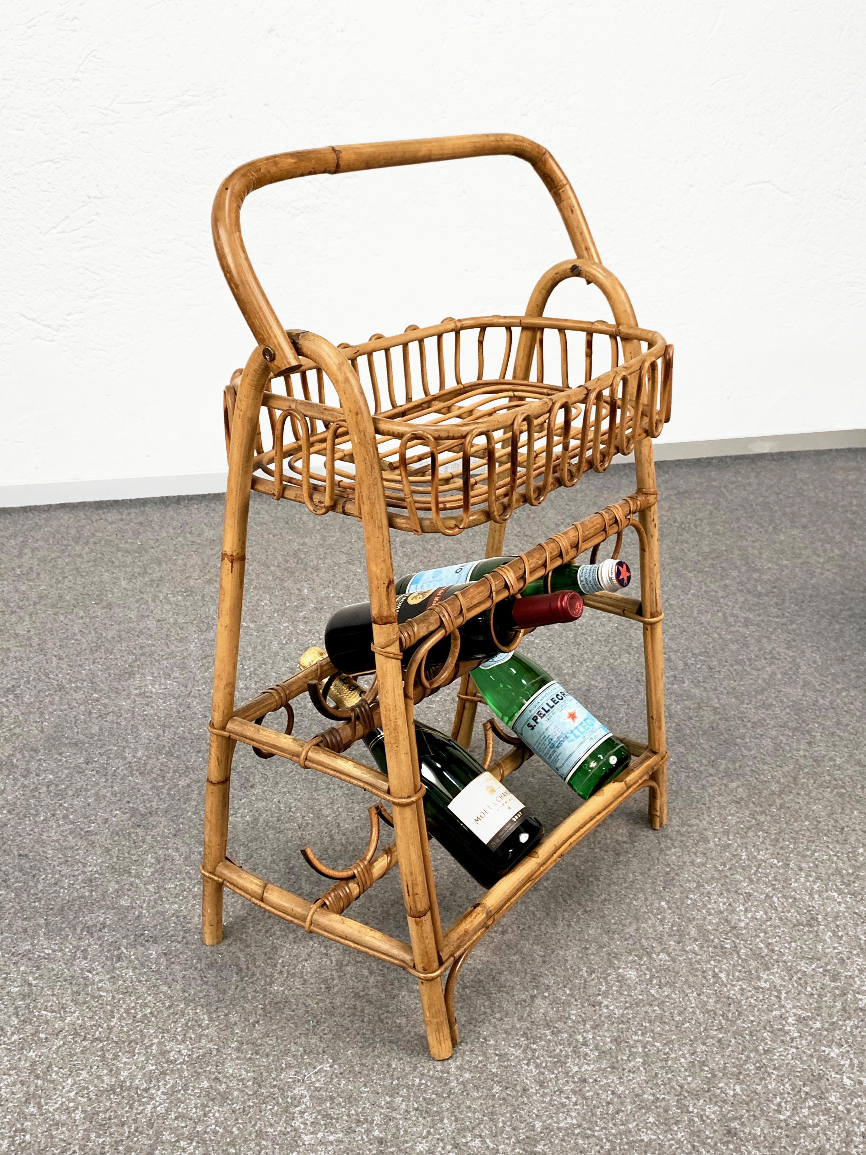 Mid-20th Century Midcentury Bamboo and Rattan Service Side Table with Bottle Holder, 1960 For Sale