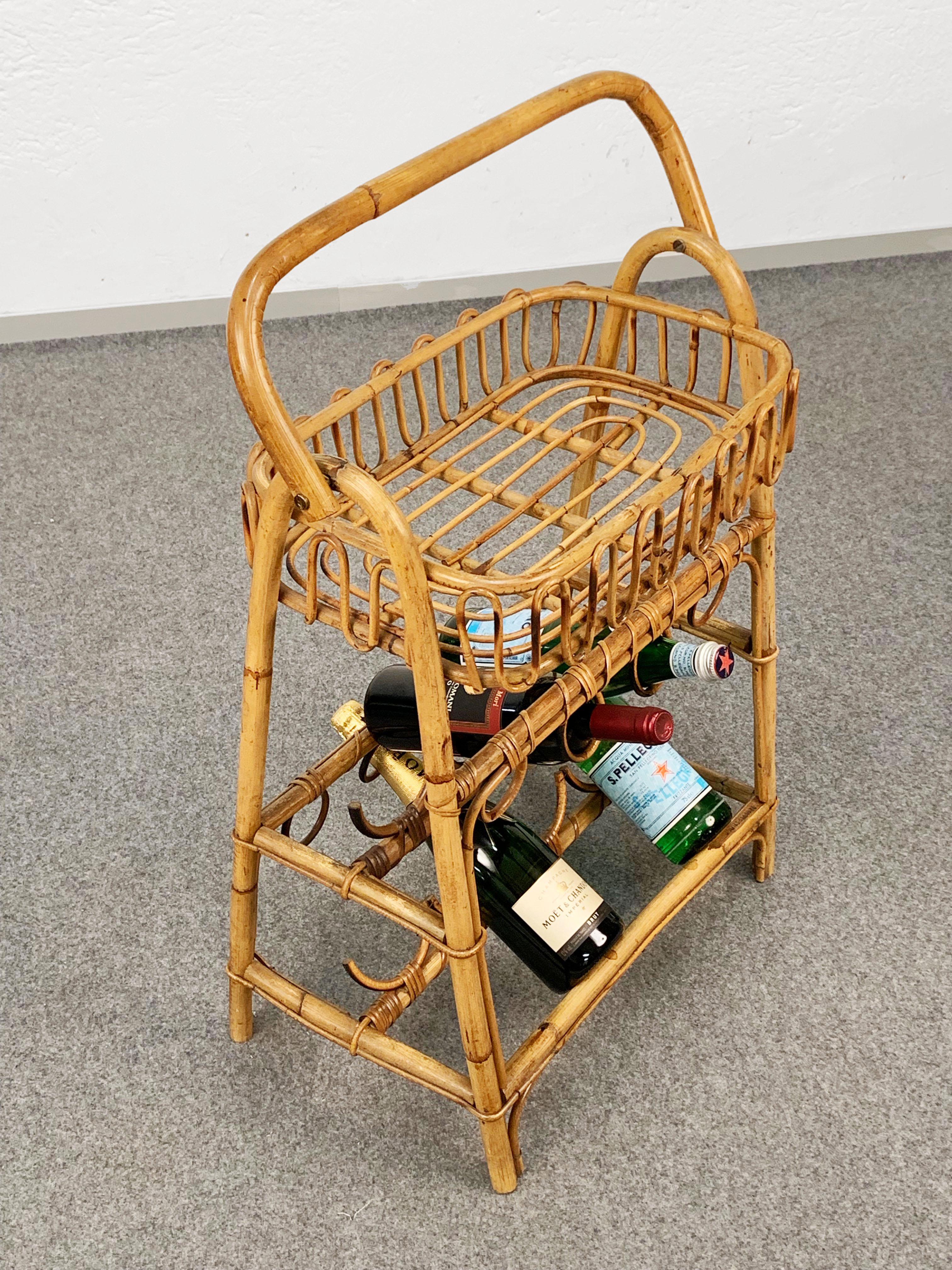Brass Midcentury Bamboo and Rattan Service Side Table with Bottle Holder, 1960 For Sale