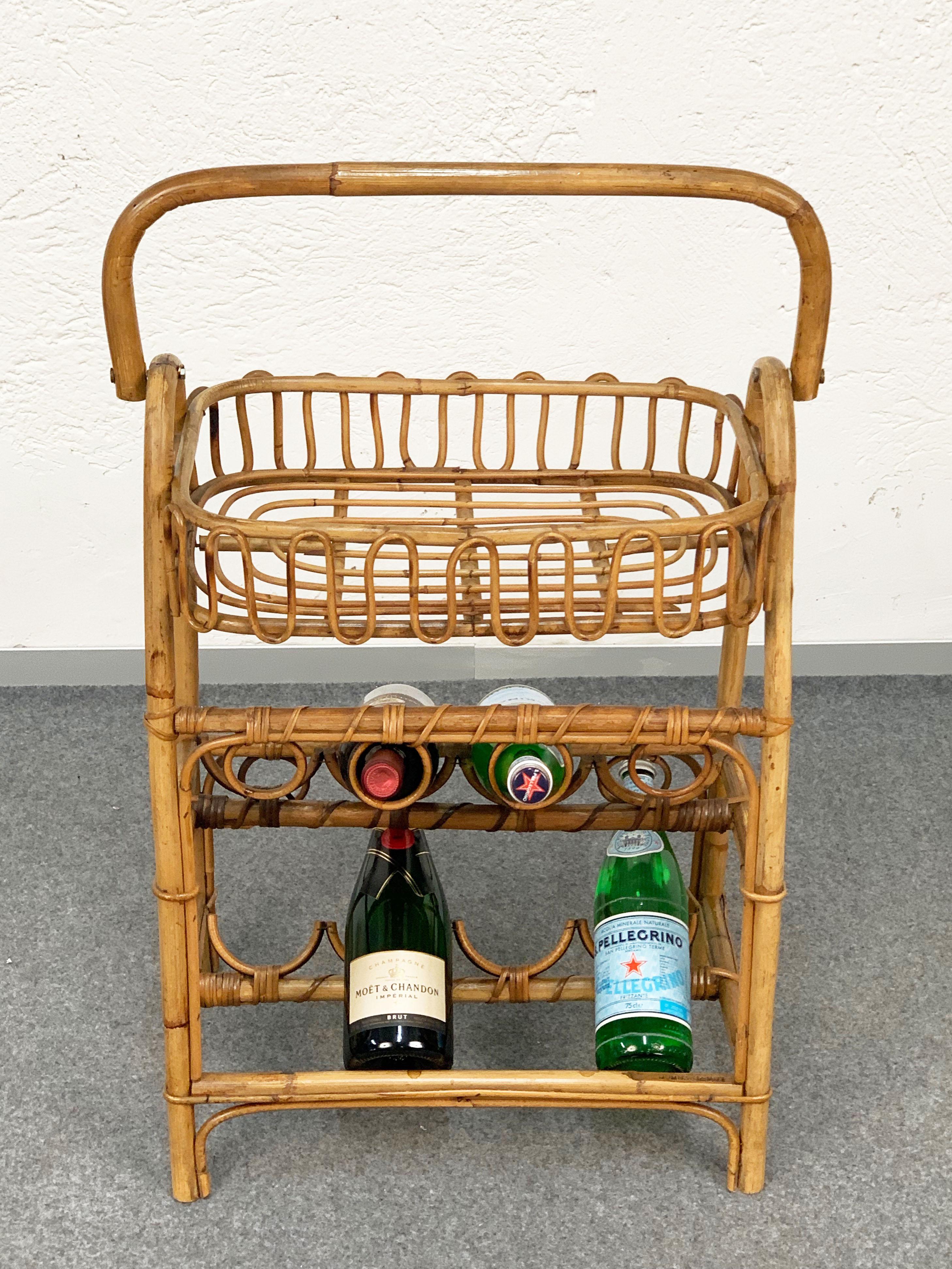 Midcentury Bamboo and Rattan Service Side Table with Bottle Holder, 1960 For Sale 2