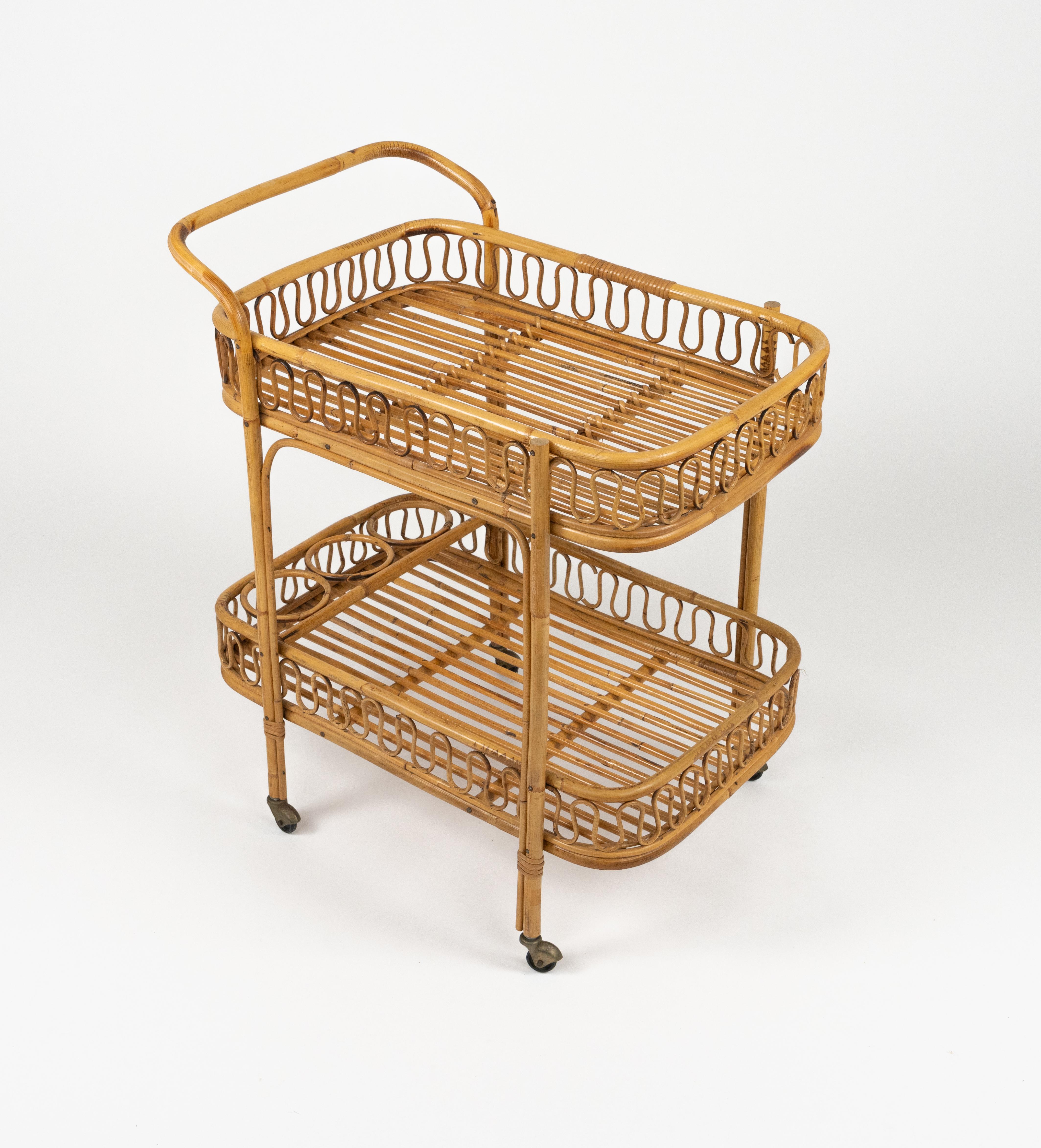 Midcentury Bamboo and Rattan Serving Bar Cart Franco Albini Style, Italy 1960s For Sale 3