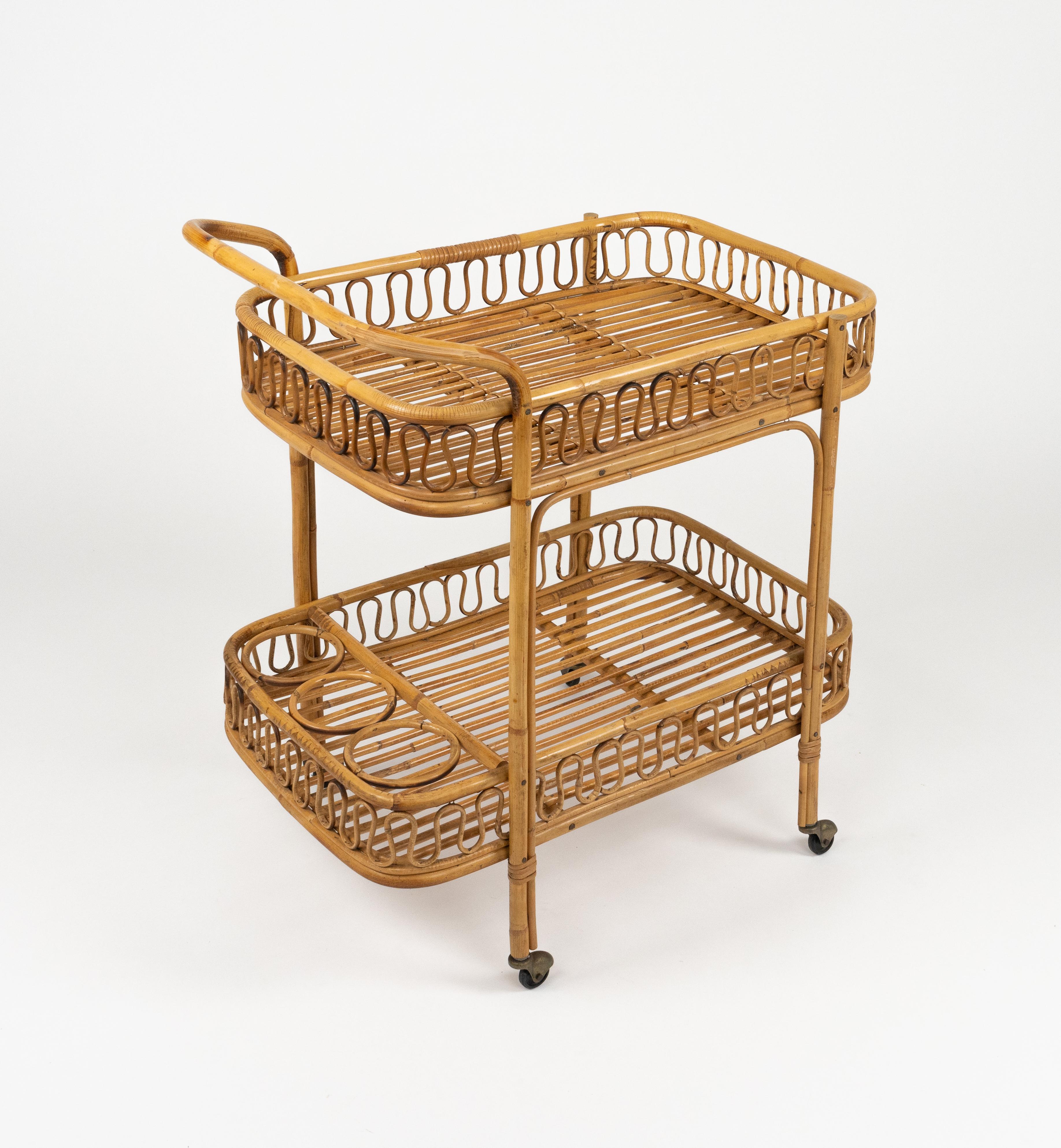 Midcentury Bamboo and Rattan Serving Bar Cart Franco Albini Style, Italy 1960s For Sale 4