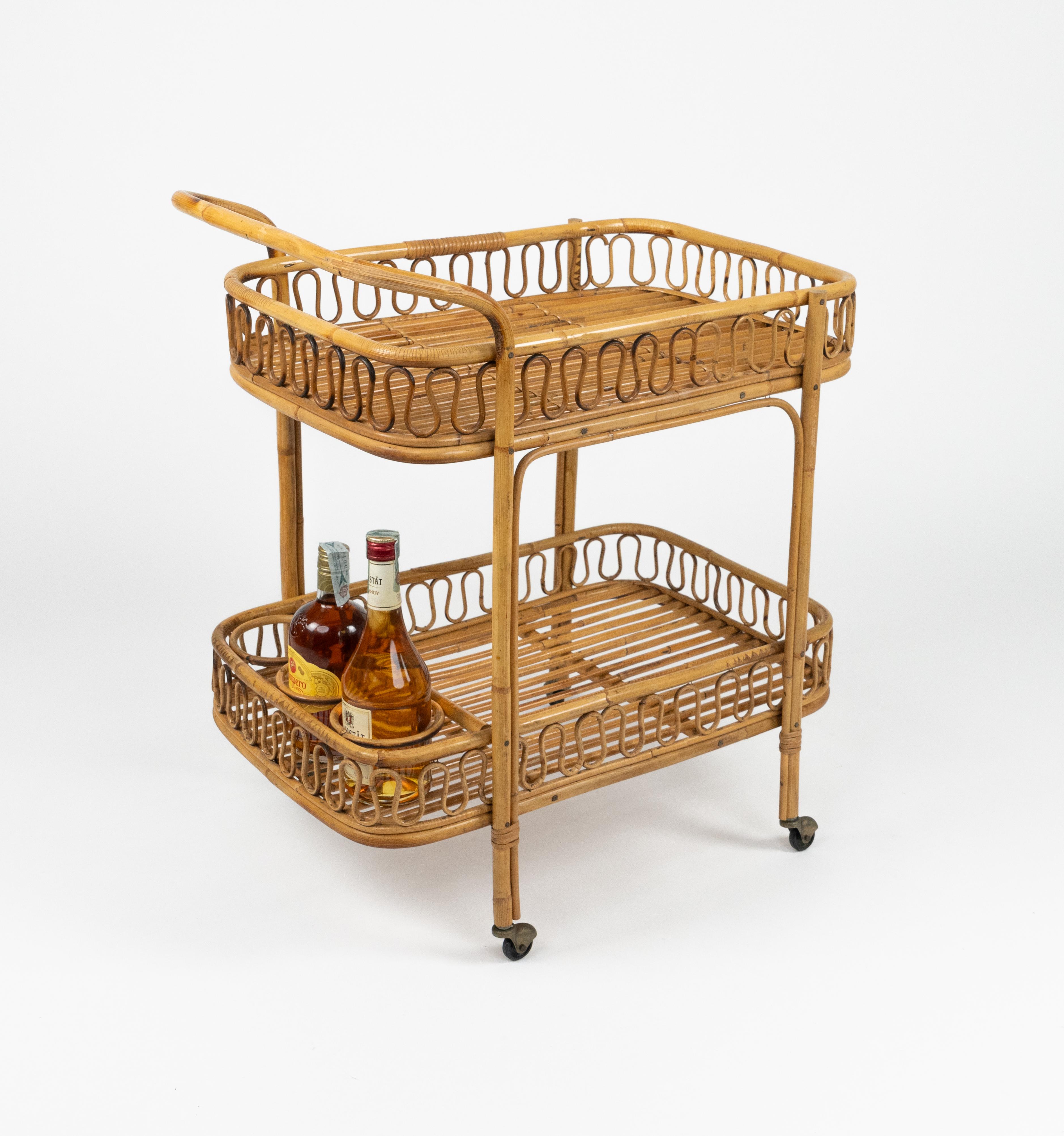 Midcentury Bamboo and Rattan Serving Bar Cart Franco Albini Style, Italy 1960s For Sale 5