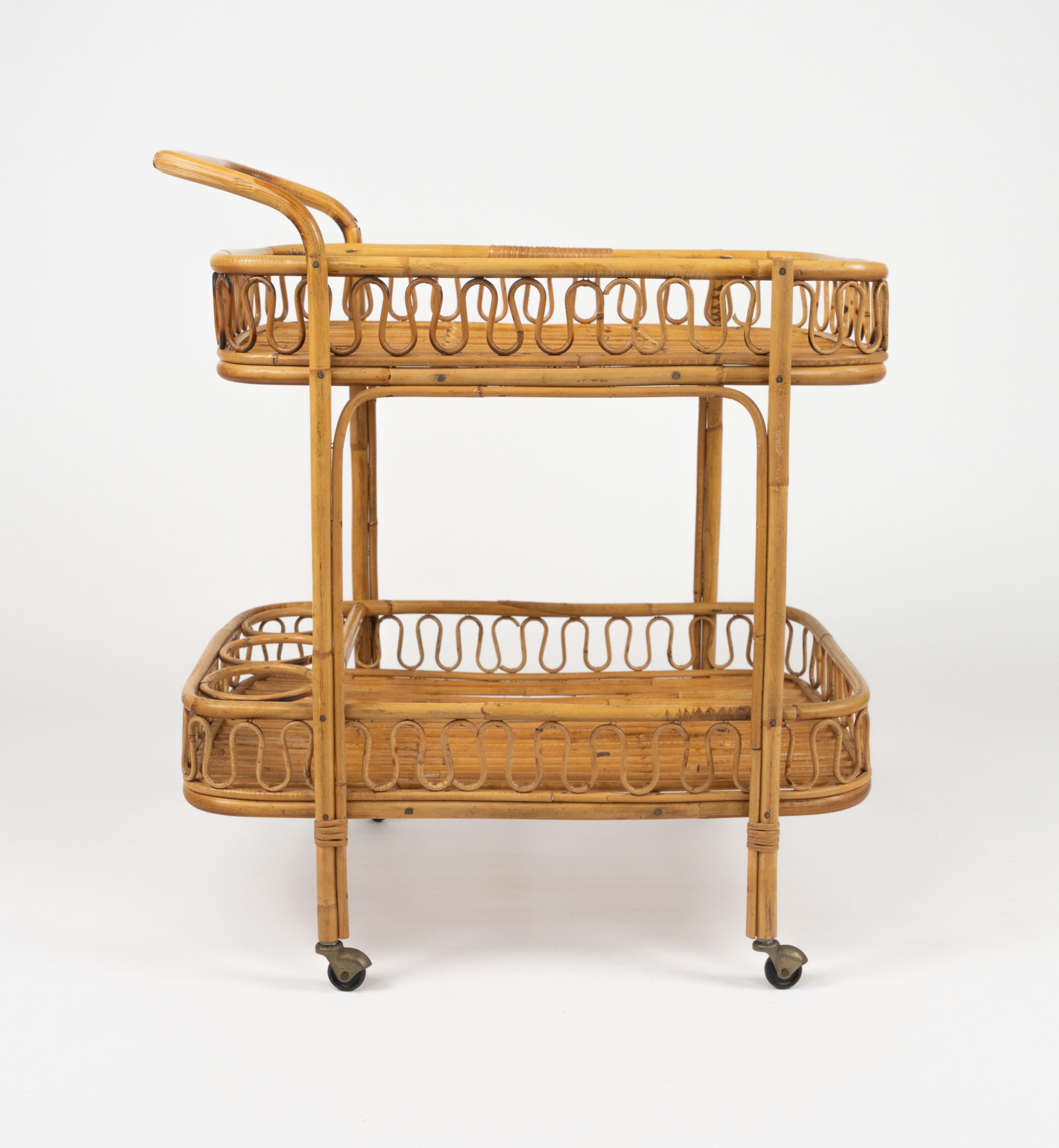 Midcentury Bamboo and Rattan Serving Bar Cart Franco Albini Style, Italy 1960s For Sale 6