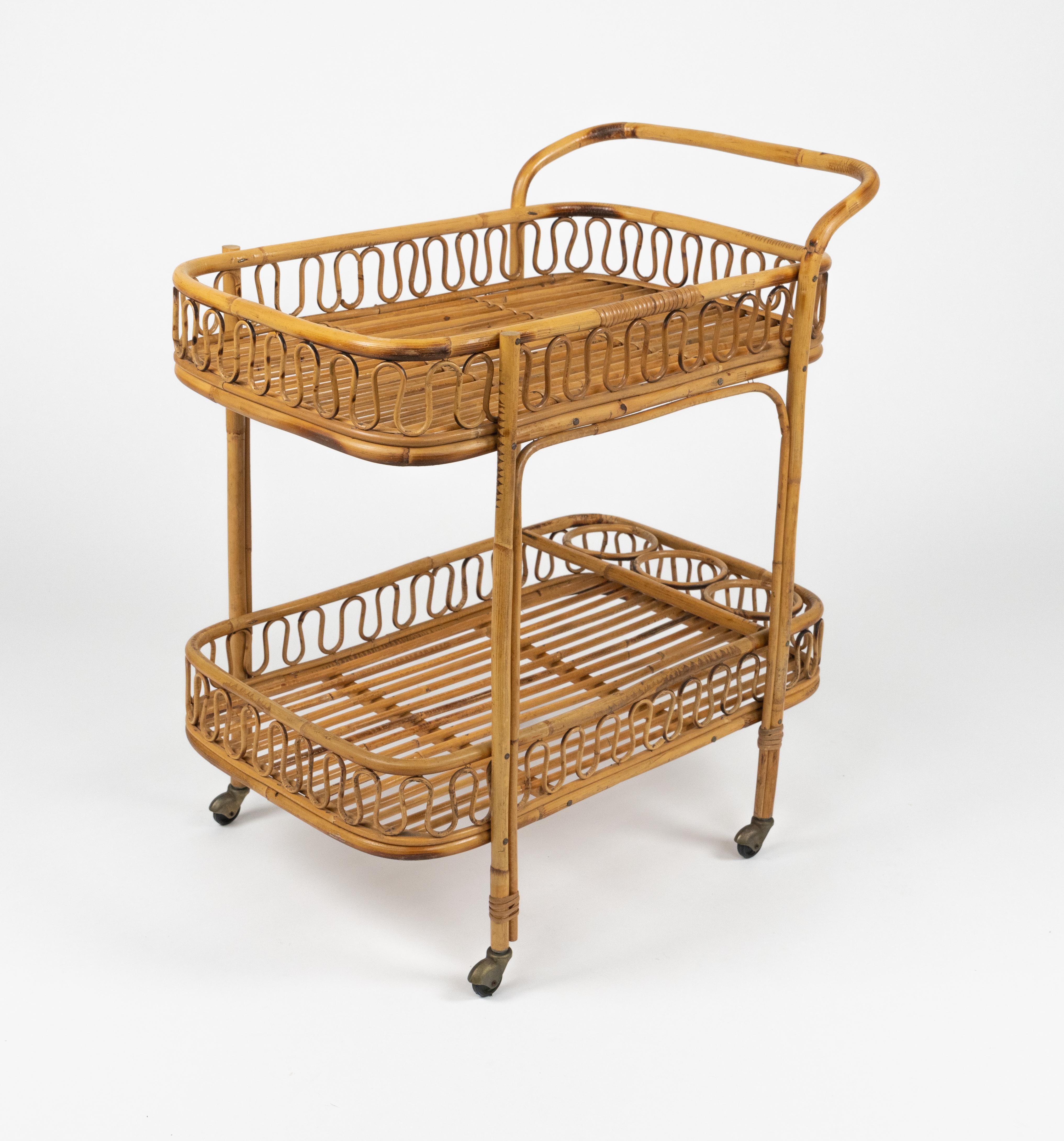 Midcentury Bamboo and Rattan Serving Bar Cart Franco Albini Style, Italy 1960s For Sale 7