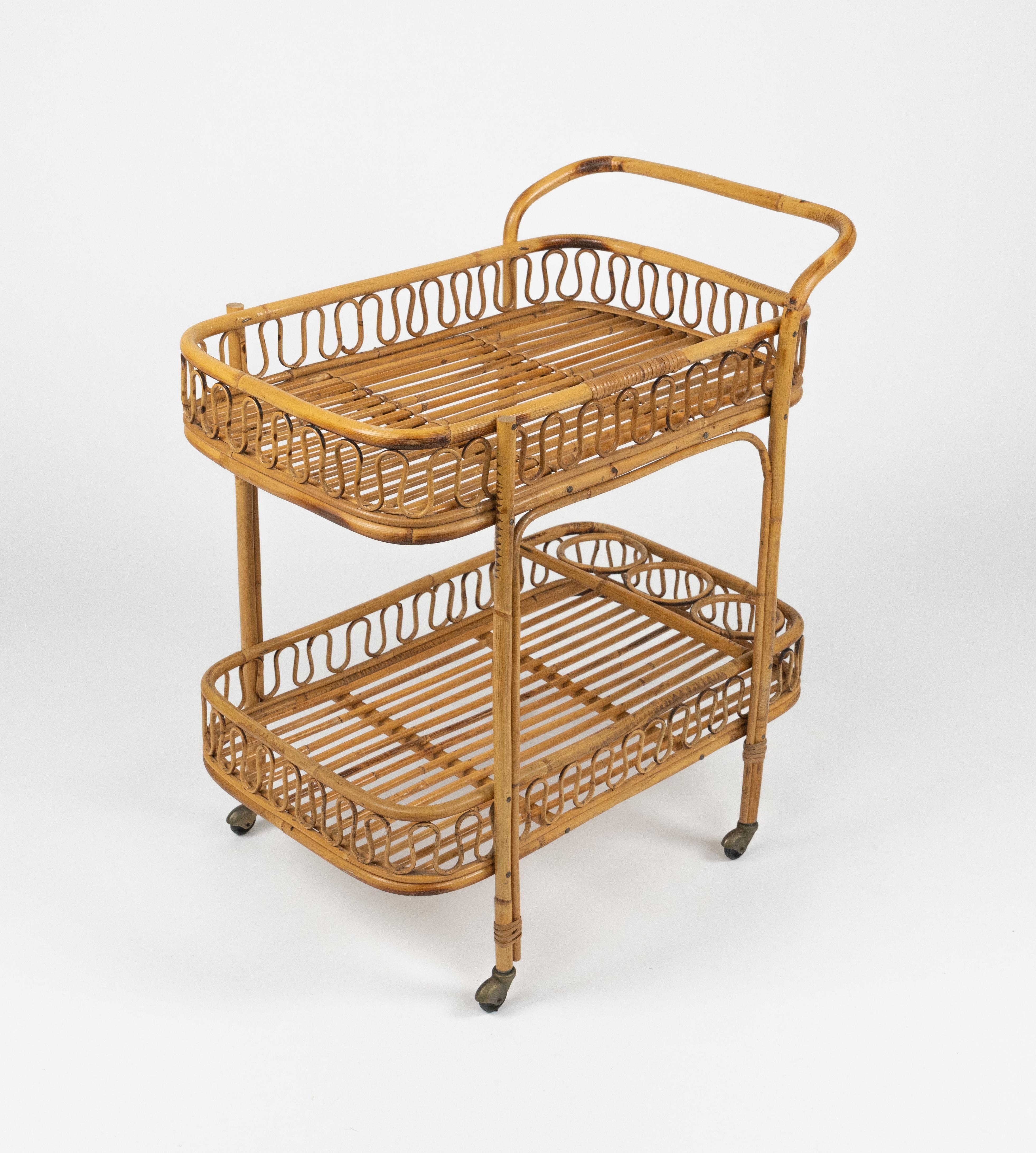 Midcentury Bamboo and Rattan Serving Bar Cart Franco Albini Style, Italy 1960s For Sale 8