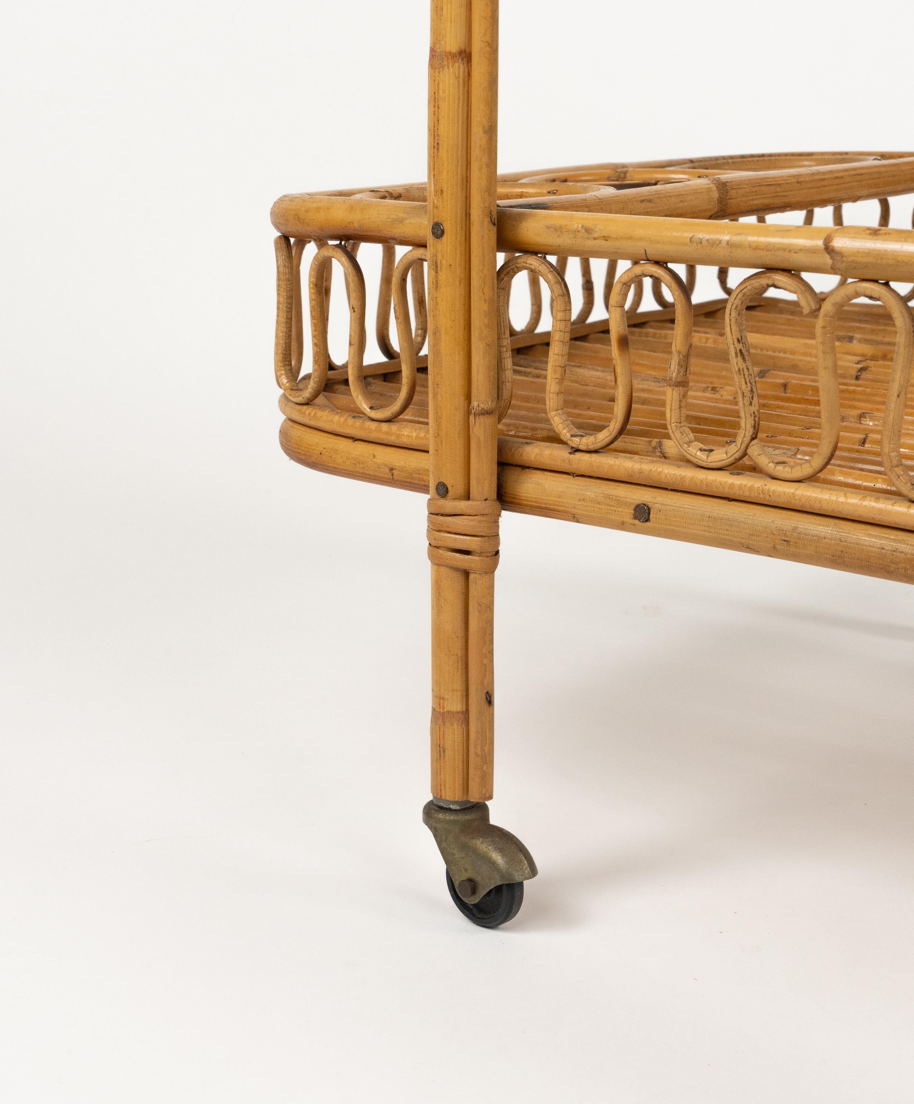 Midcentury Bamboo and Rattan Serving Bar Cart Franco Albini Style, Italy 1960s For Sale 9