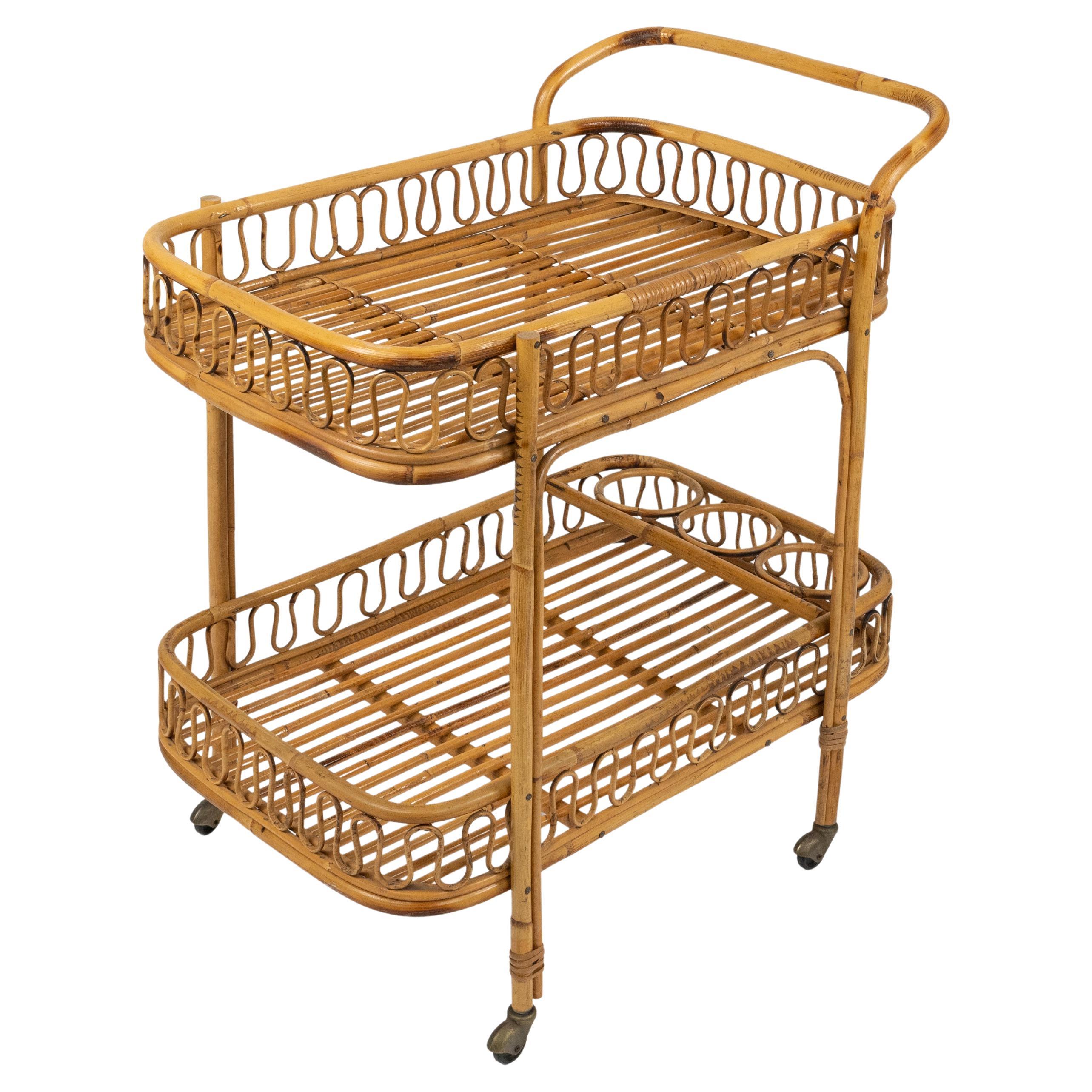 Midcentury Bamboo and Rattan Serving Bar Cart Franco Albini Style, Italy 1960s For Sale 10