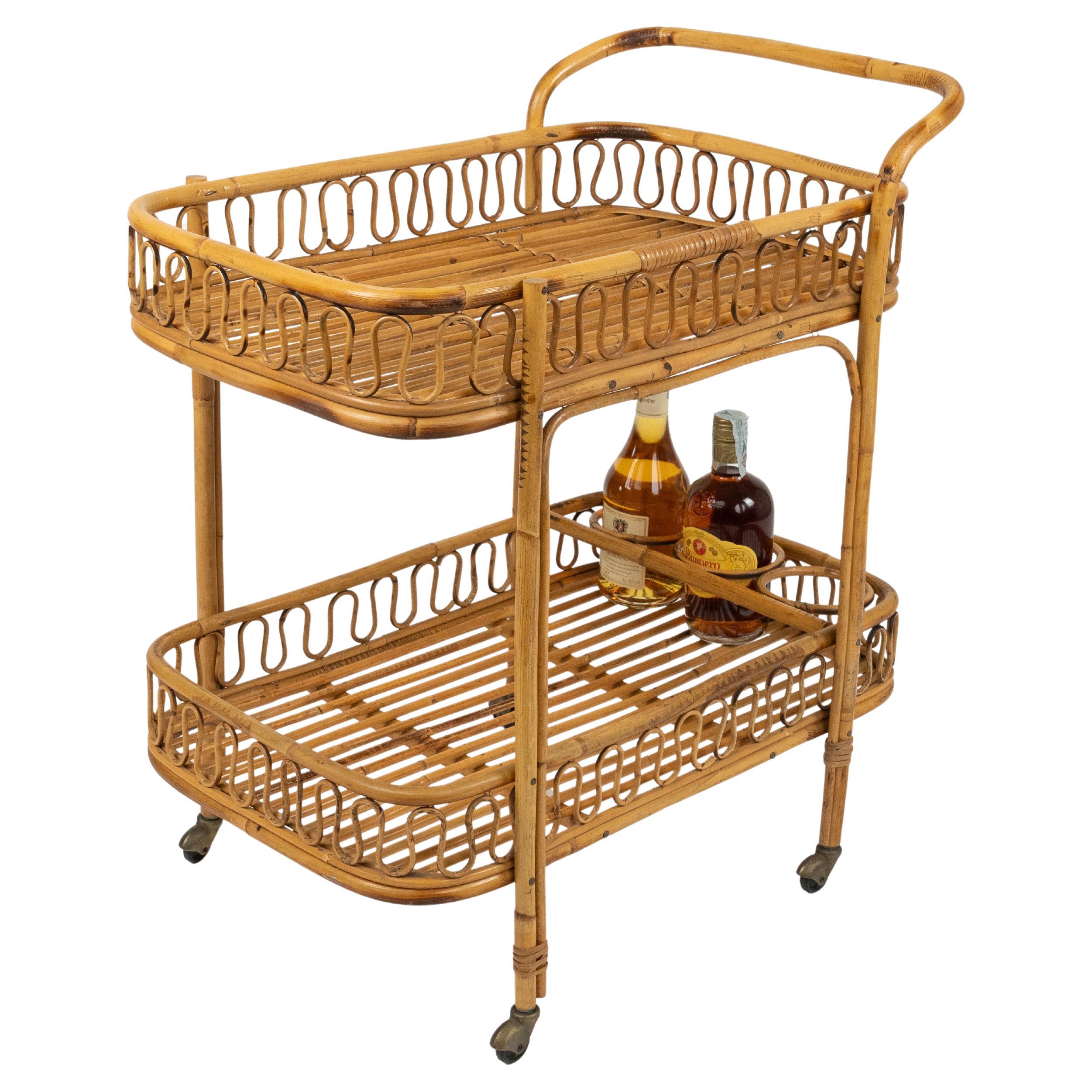 Midcentury Bamboo and Rattan Serving Bar Cart Franco Albini Style, Italy 1960s For Sale 11