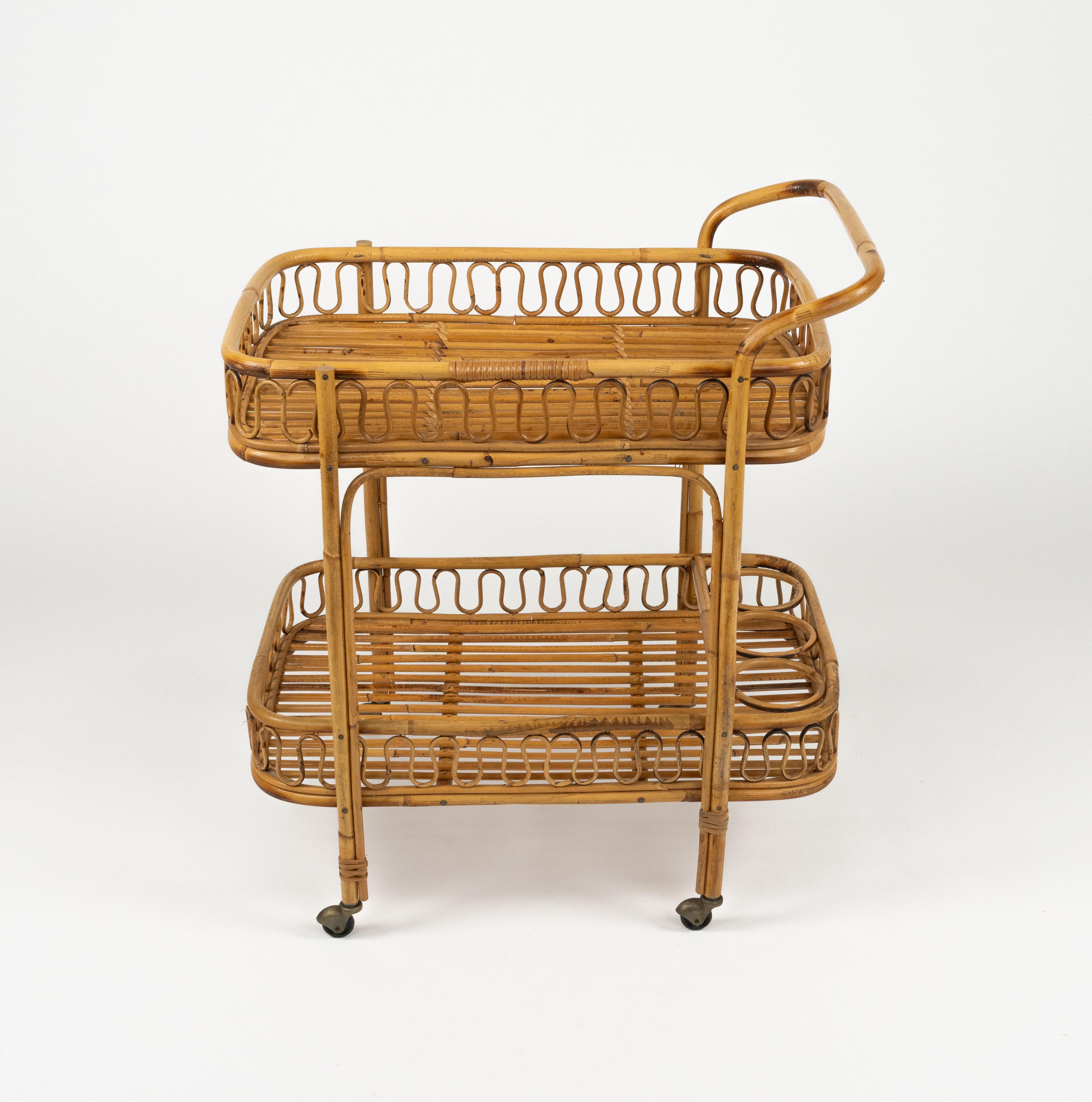 Mid-Century Modern Midcentury Bamboo and Rattan Serving Bar Cart Franco Albini Style, Italy 1960s For Sale