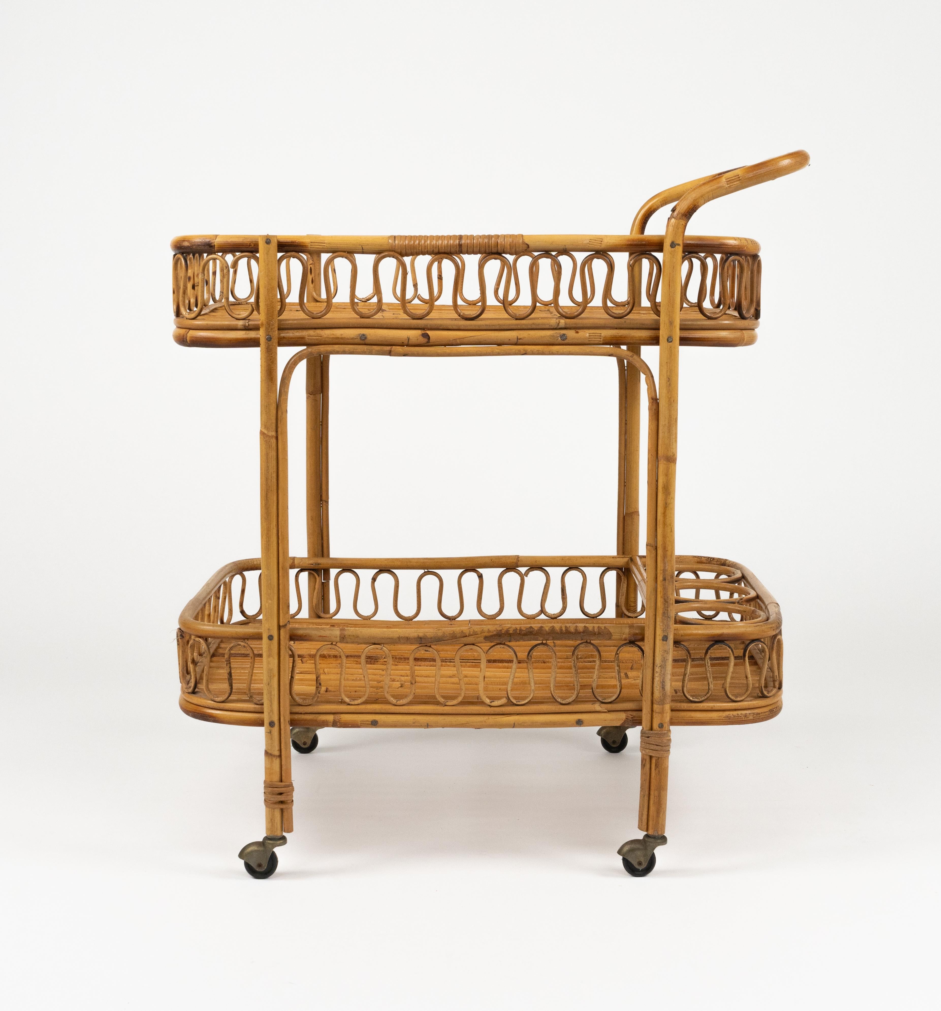 Italian Midcentury Bamboo and Rattan Serving Bar Cart Franco Albini Style, Italy 1960s For Sale