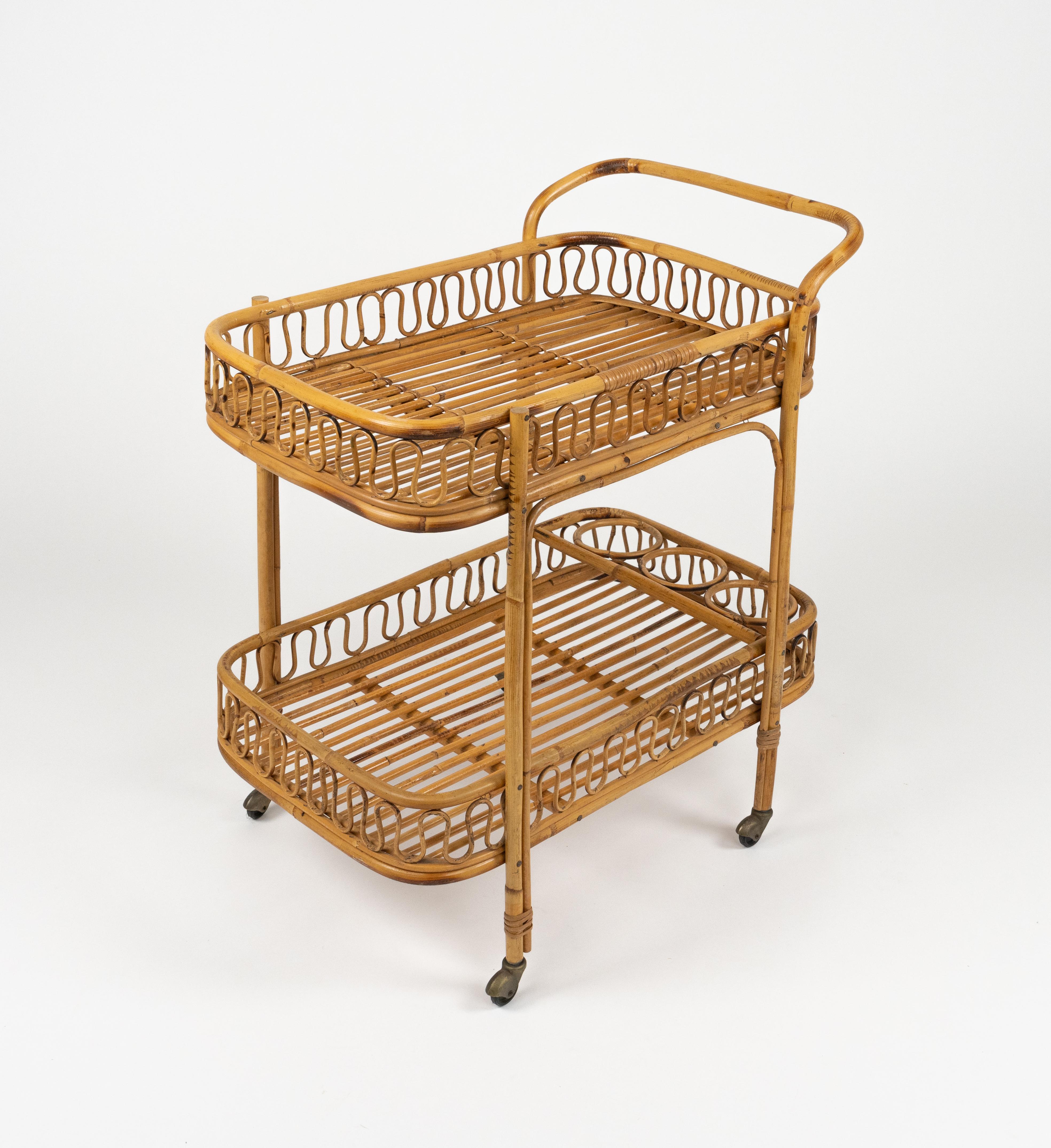 Mid-20th Century Midcentury Bamboo and Rattan Serving Bar Cart Franco Albini Style, Italy 1960s For Sale
