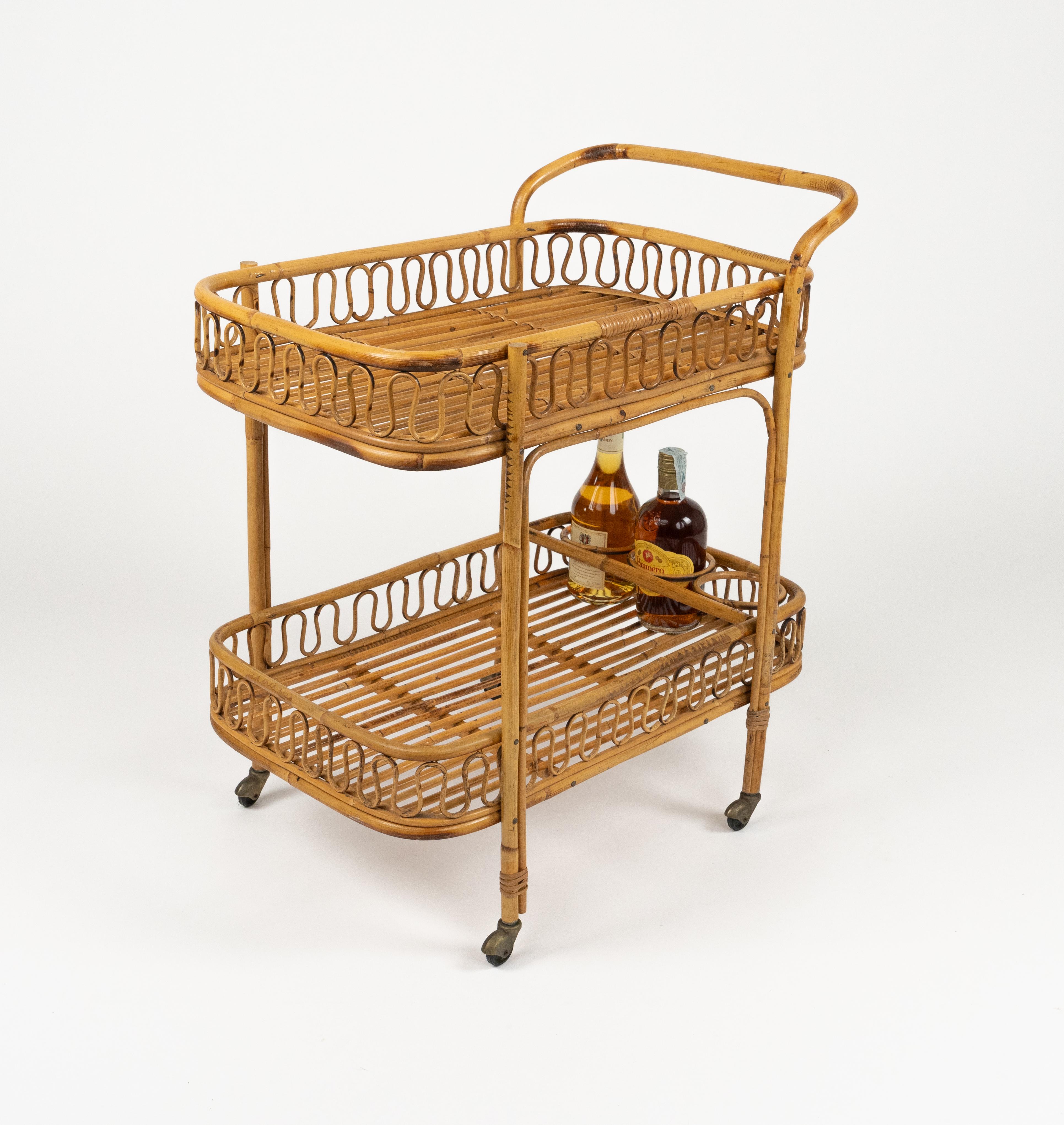Midcentury Bamboo and Rattan Serving Bar Cart Franco Albini Style, Italy 1960s For Sale 1
