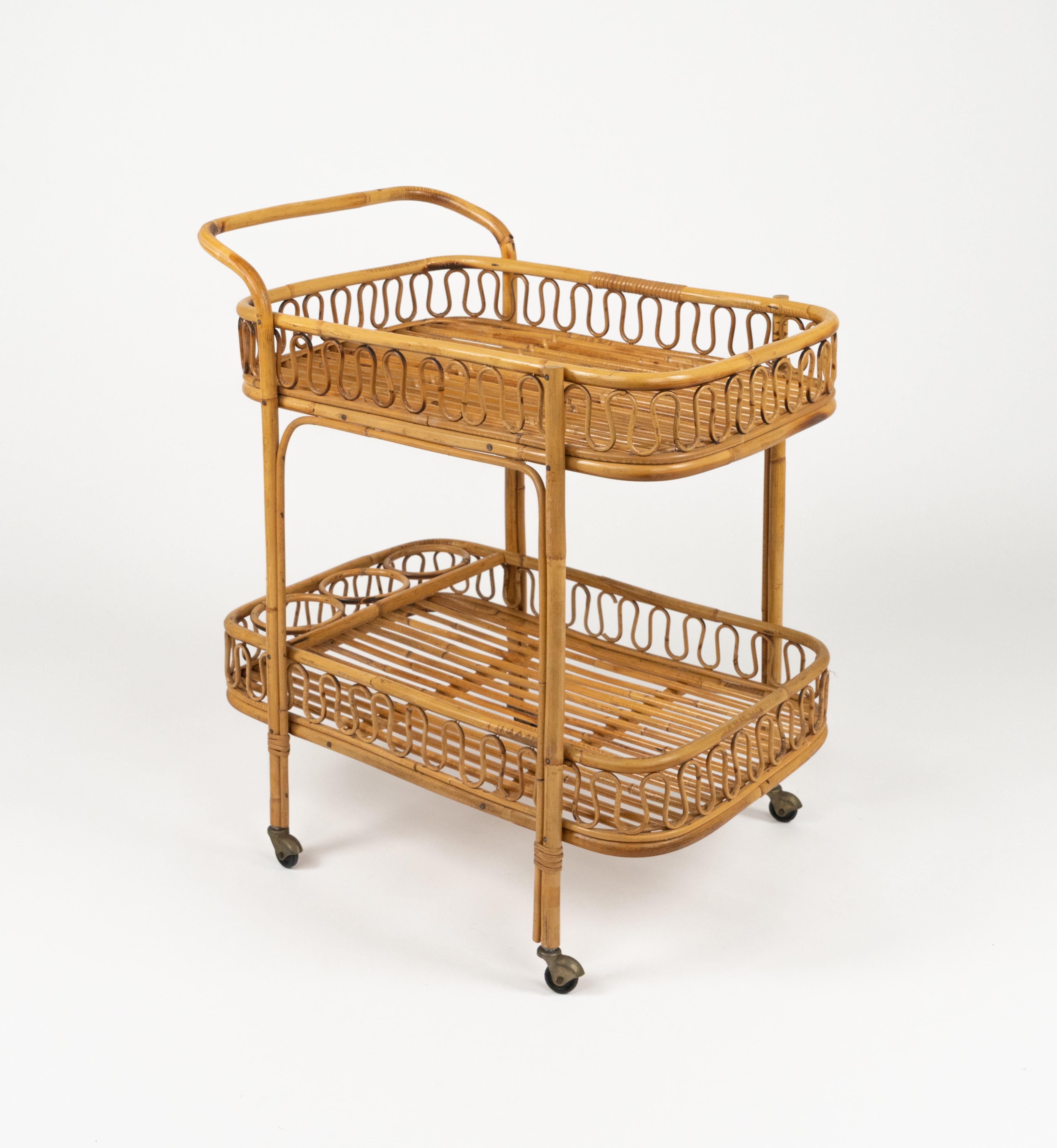 Midcentury Bamboo and Rattan Serving Bar Cart Franco Albini Style, Italy 1960s For Sale 2