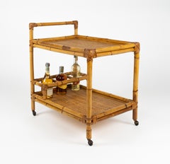 Midcentury Bamboo and Rattan Serving Bar Cart, Italy 1960s