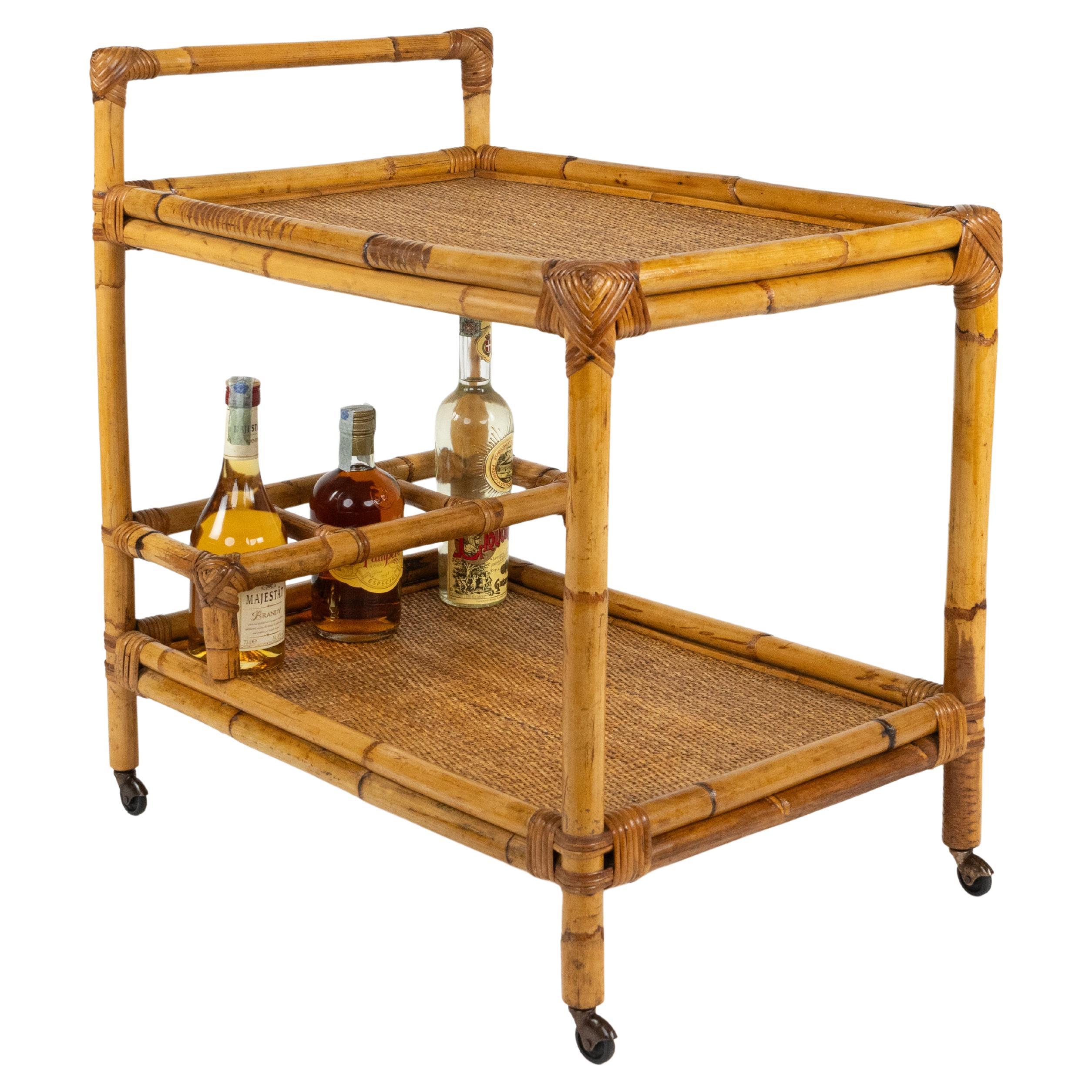 Midcentury Bamboo and Rattan Serving Bar Cart, Italy 1960s