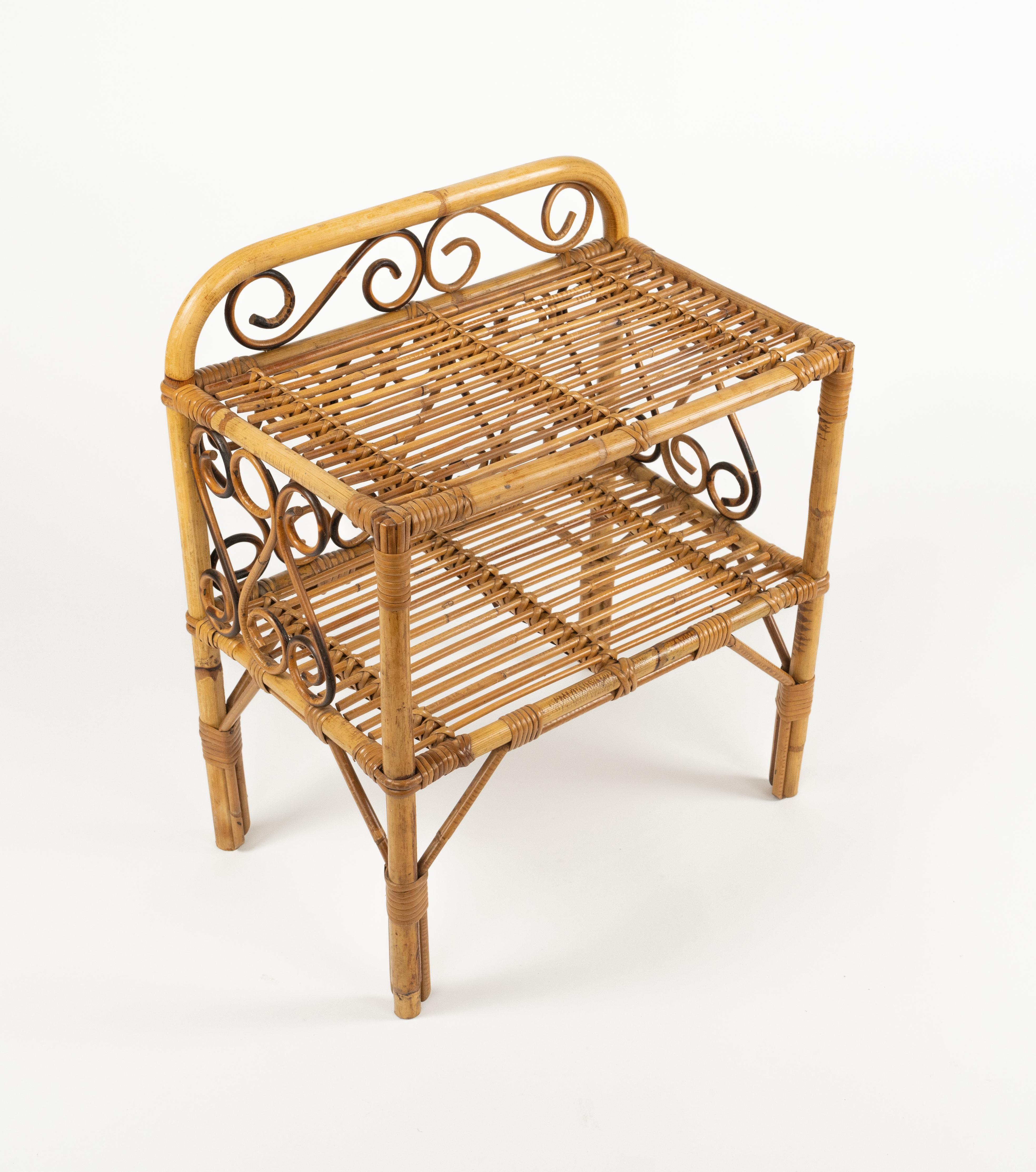Italian Midcentury Bamboo and Rattan Side Table Franco Albini Style, Italy 1960s For Sale