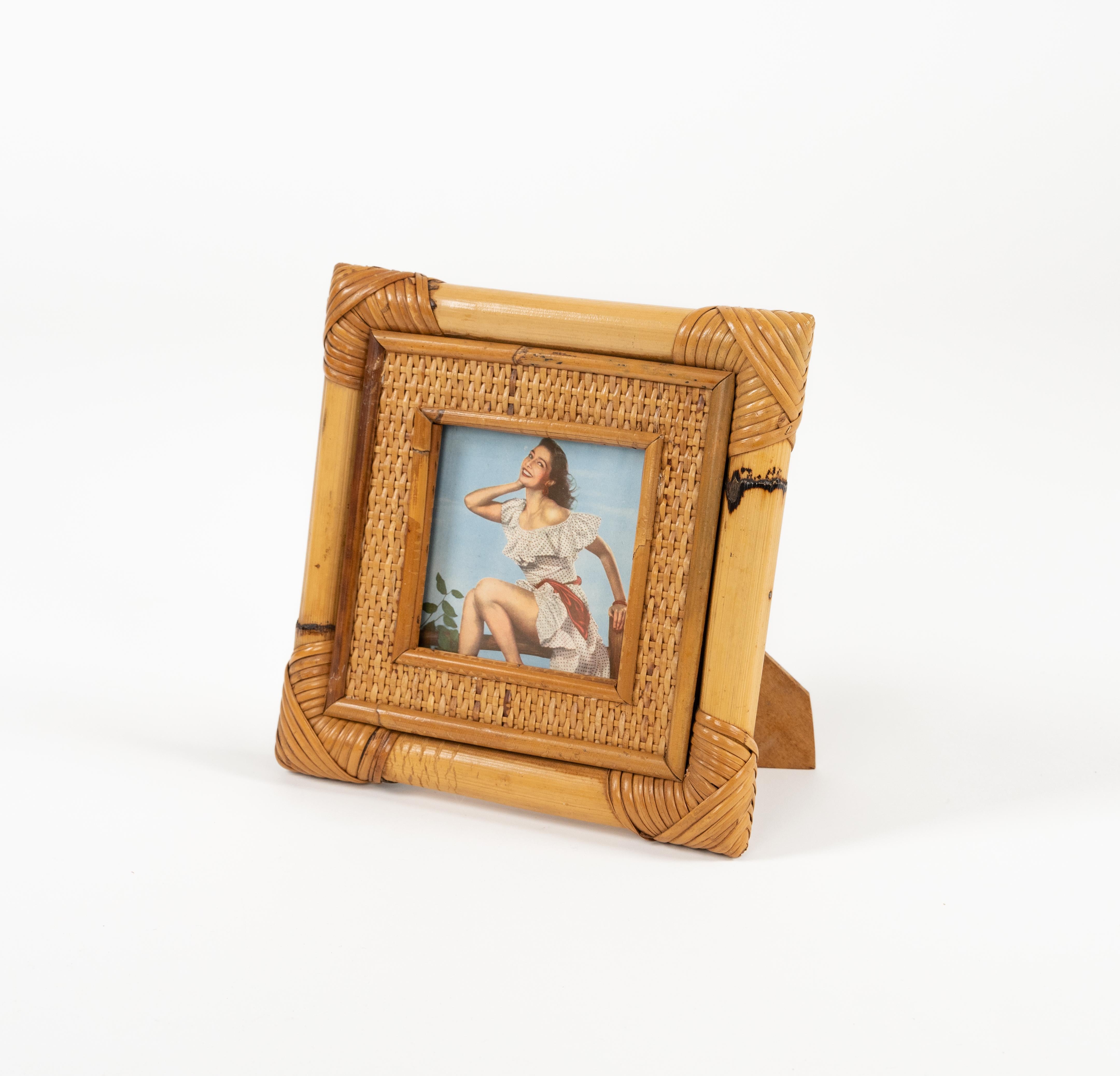 Midcentury Bamboo and Rattan Squared Picture Frame, Italy 1970s 1
