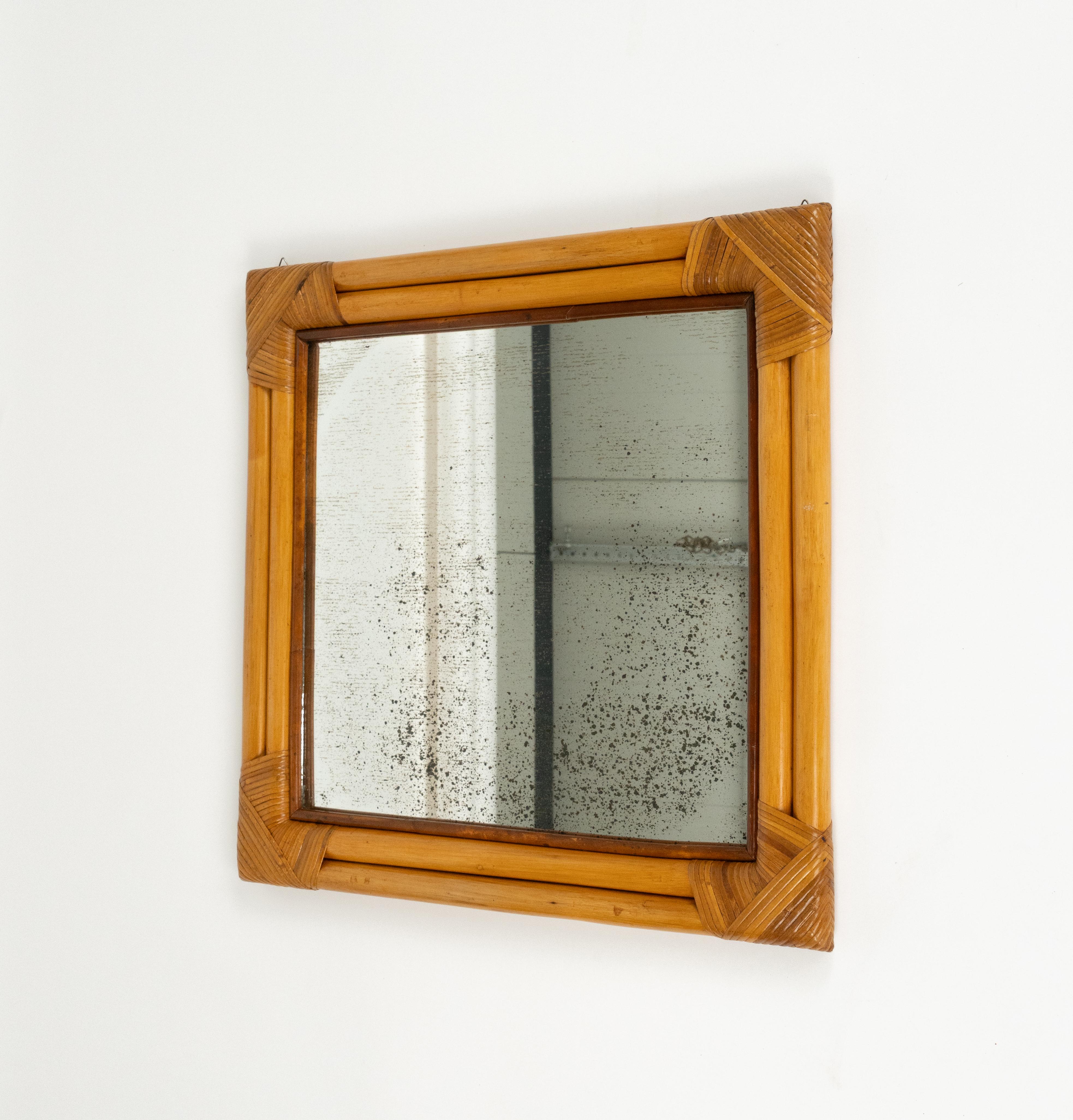 Midcentury Bamboo and Rattan Squared Wall Mirror whit Double Frame, Italy 1970s For Sale 4