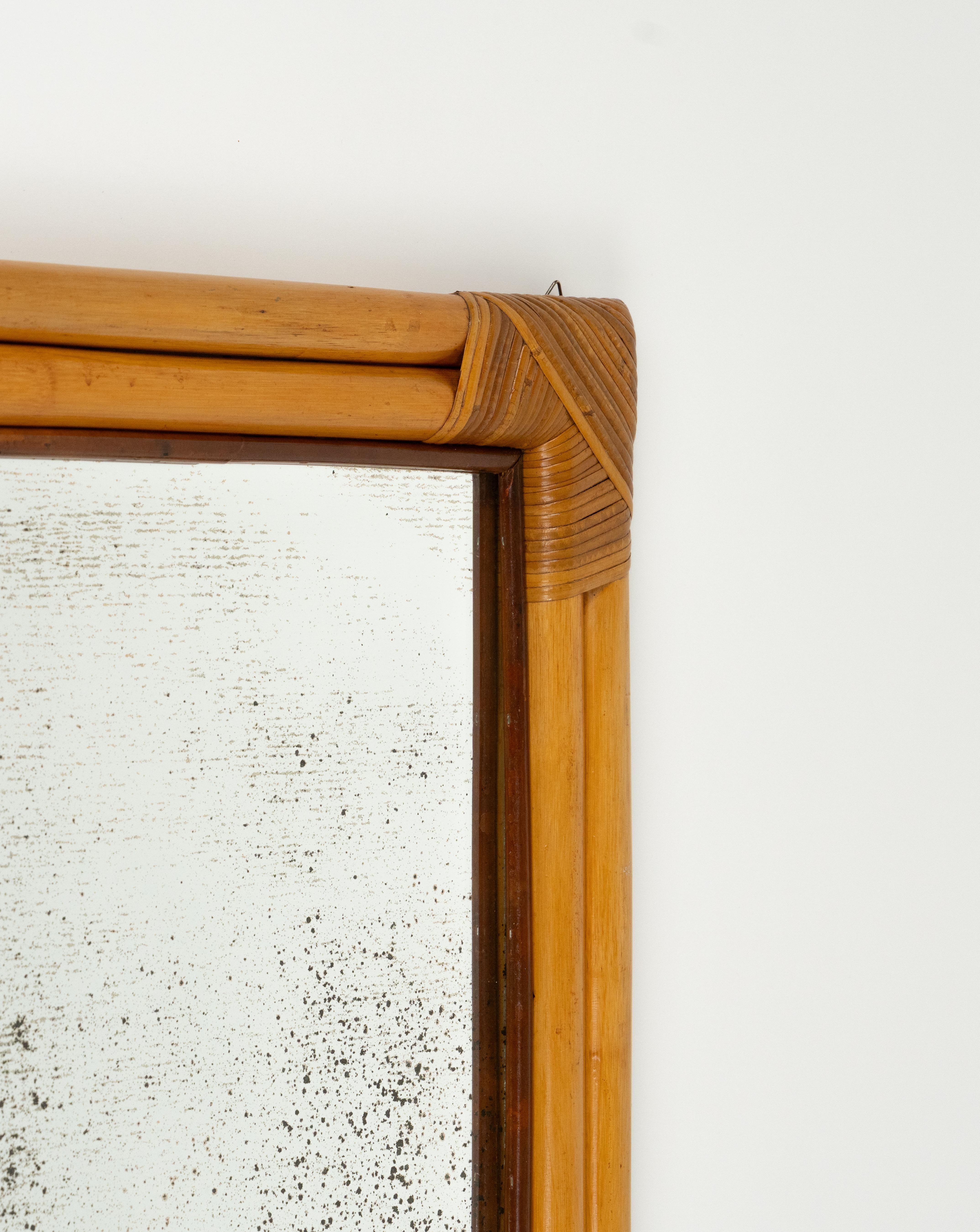 Midcentury Bamboo and Rattan Squared Wall Mirror whit Double Frame, Italy 1970s For Sale 5
