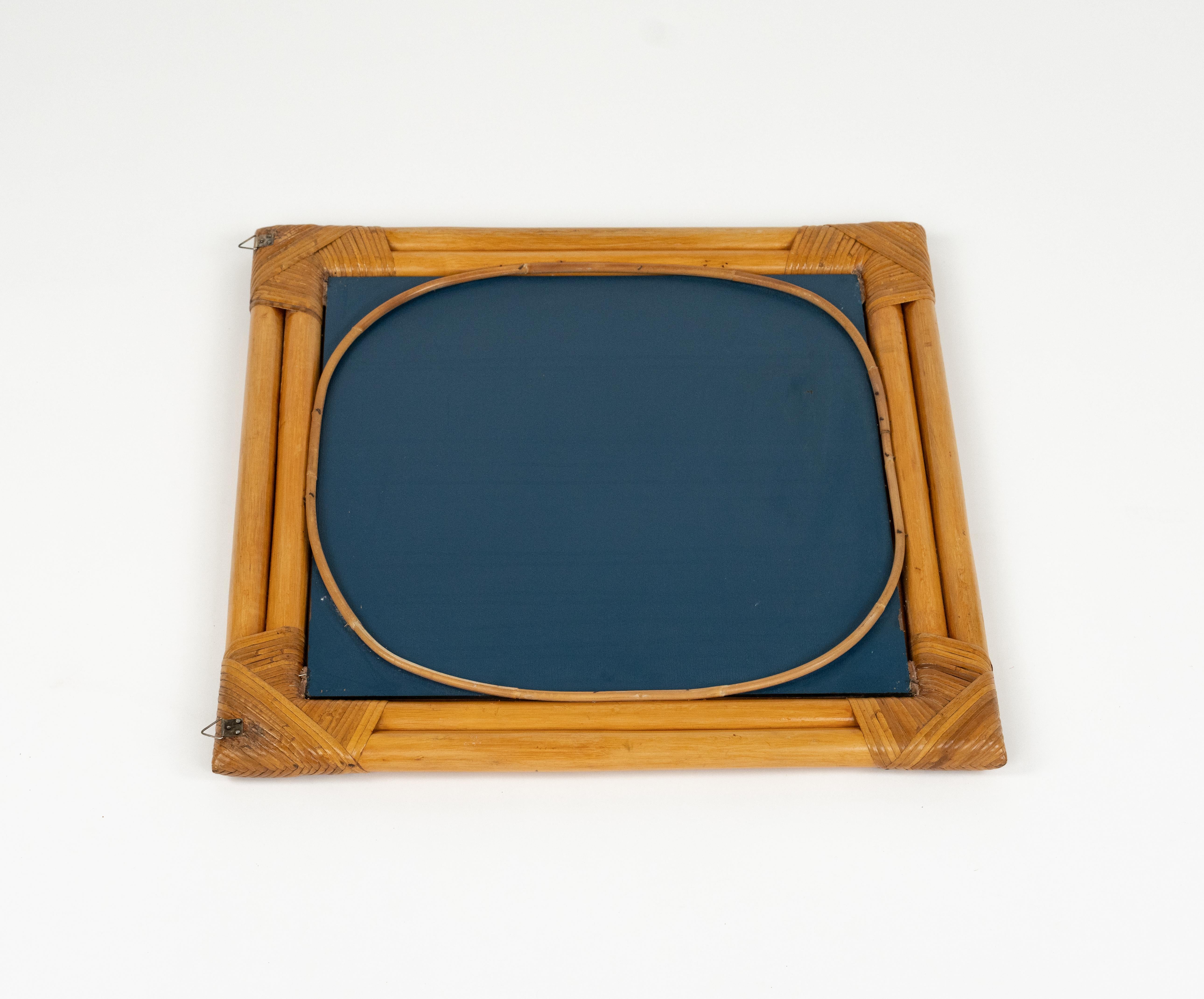 Midcentury Bamboo and Rattan Squared Wall Mirror whit Double Frame, Italy 1970s For Sale 6