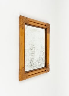 Midcentury Bambus und Rattan Quadratischer Wandspiegel mit Doppelrahmen, Italien 1970er