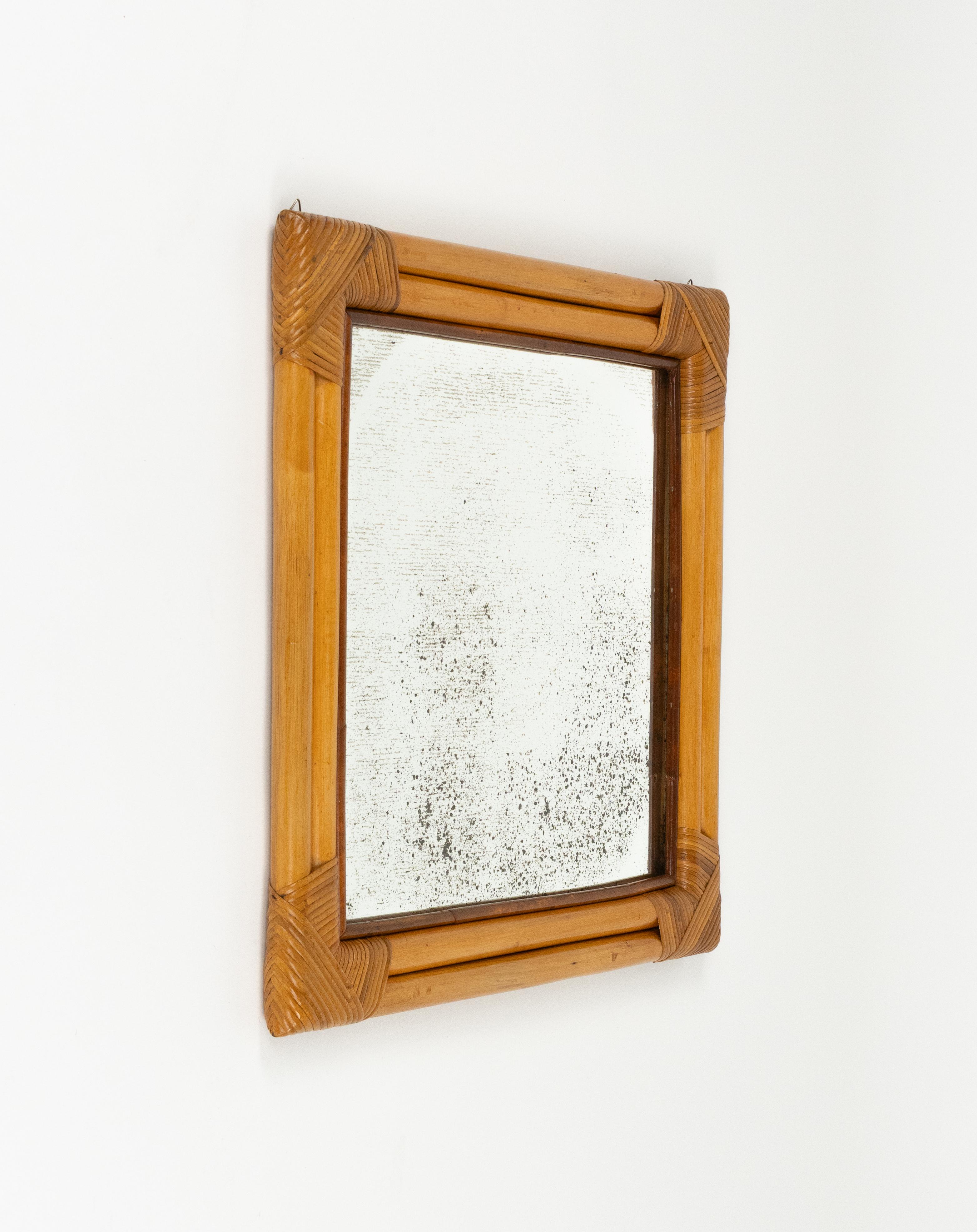 Mid-Century Modern Midcentury Bamboo and Rattan Squared Wall Mirror whit Double Frame, Italy 1970s For Sale