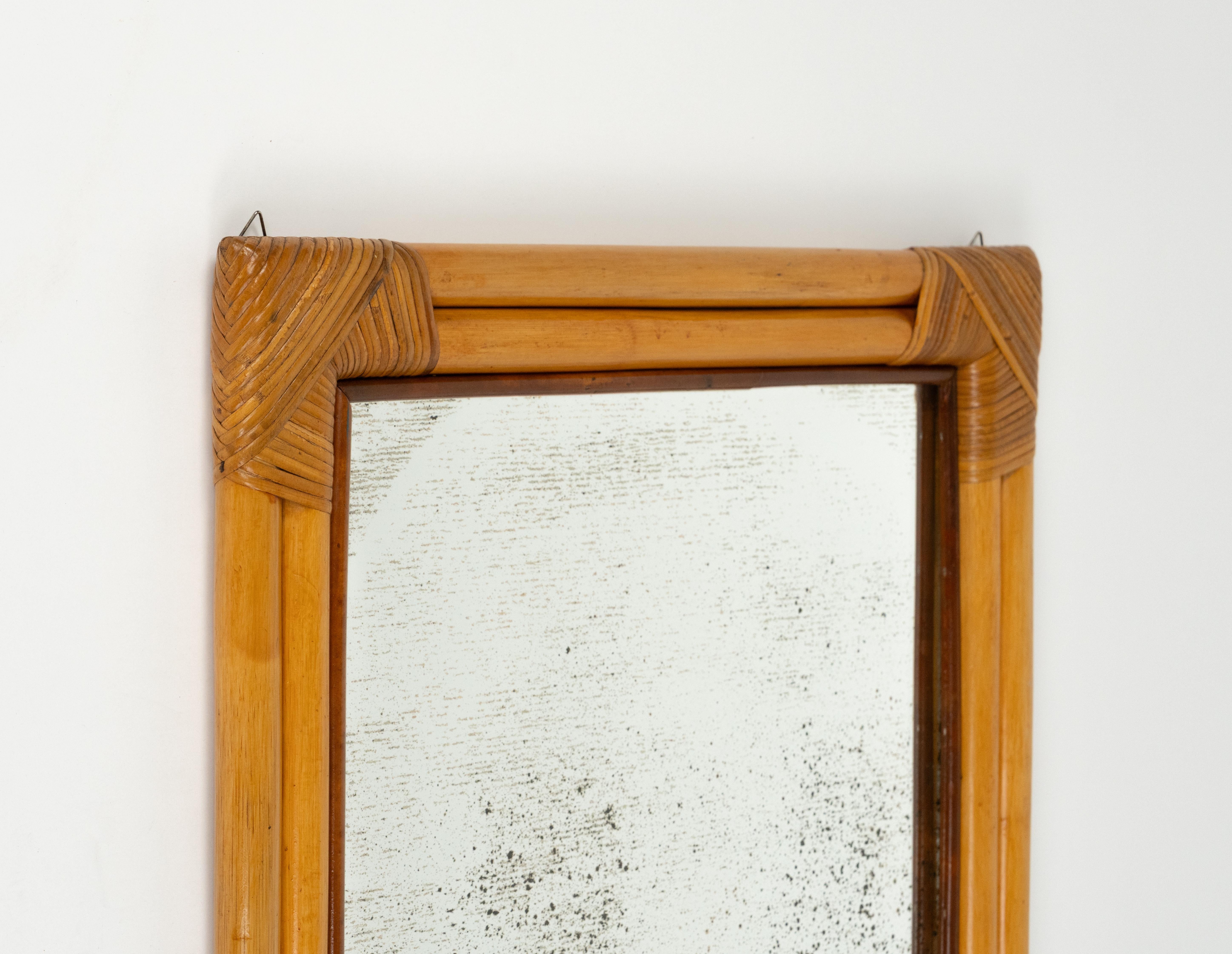 Late 20th Century Midcentury Bamboo and Rattan Squared Wall Mirror whit Double Frame, Italy 1970s For Sale