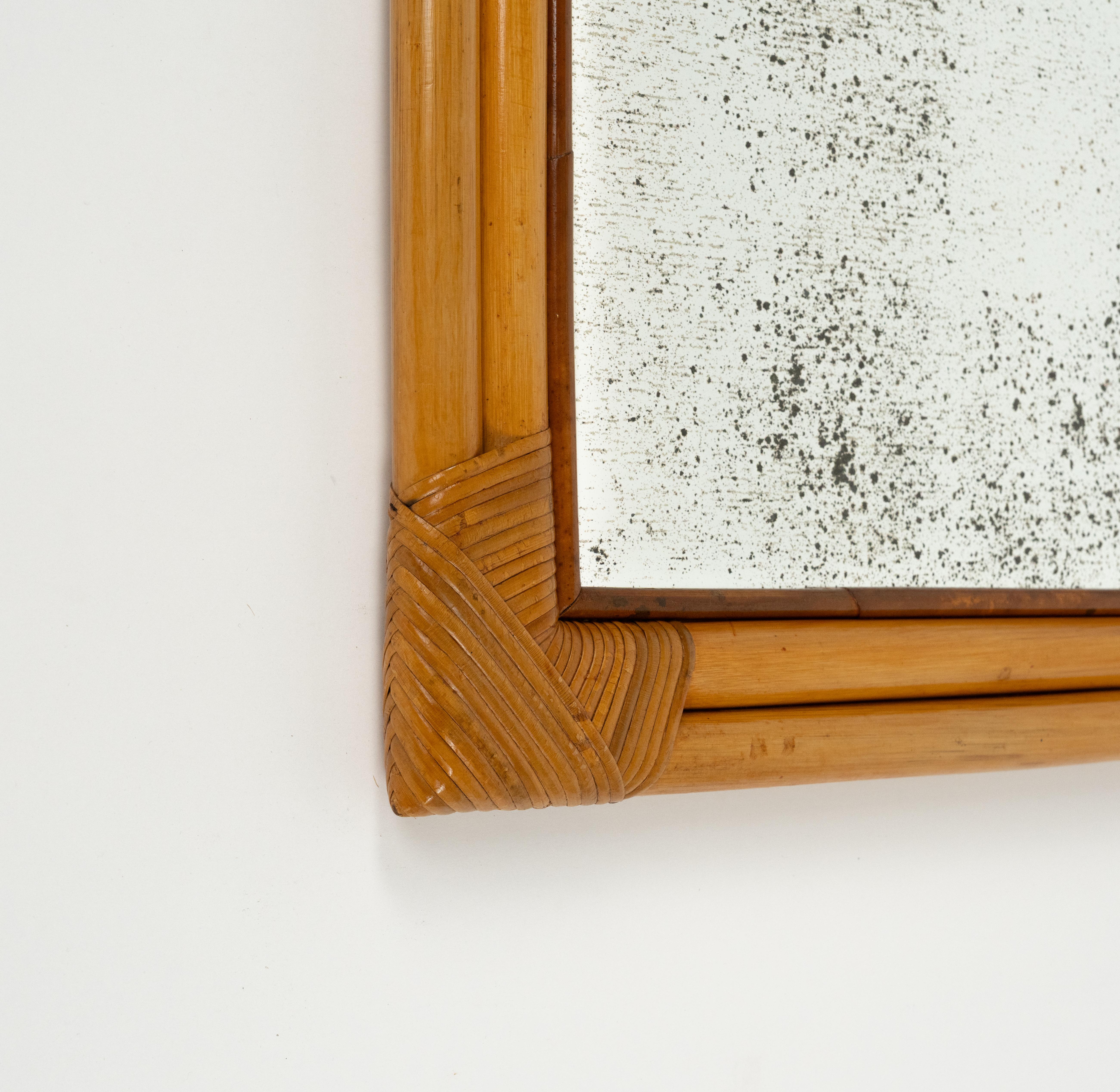 Midcentury Bamboo and Rattan Squared Wall Mirror whit Double Frame, Italy 1970s For Sale 1