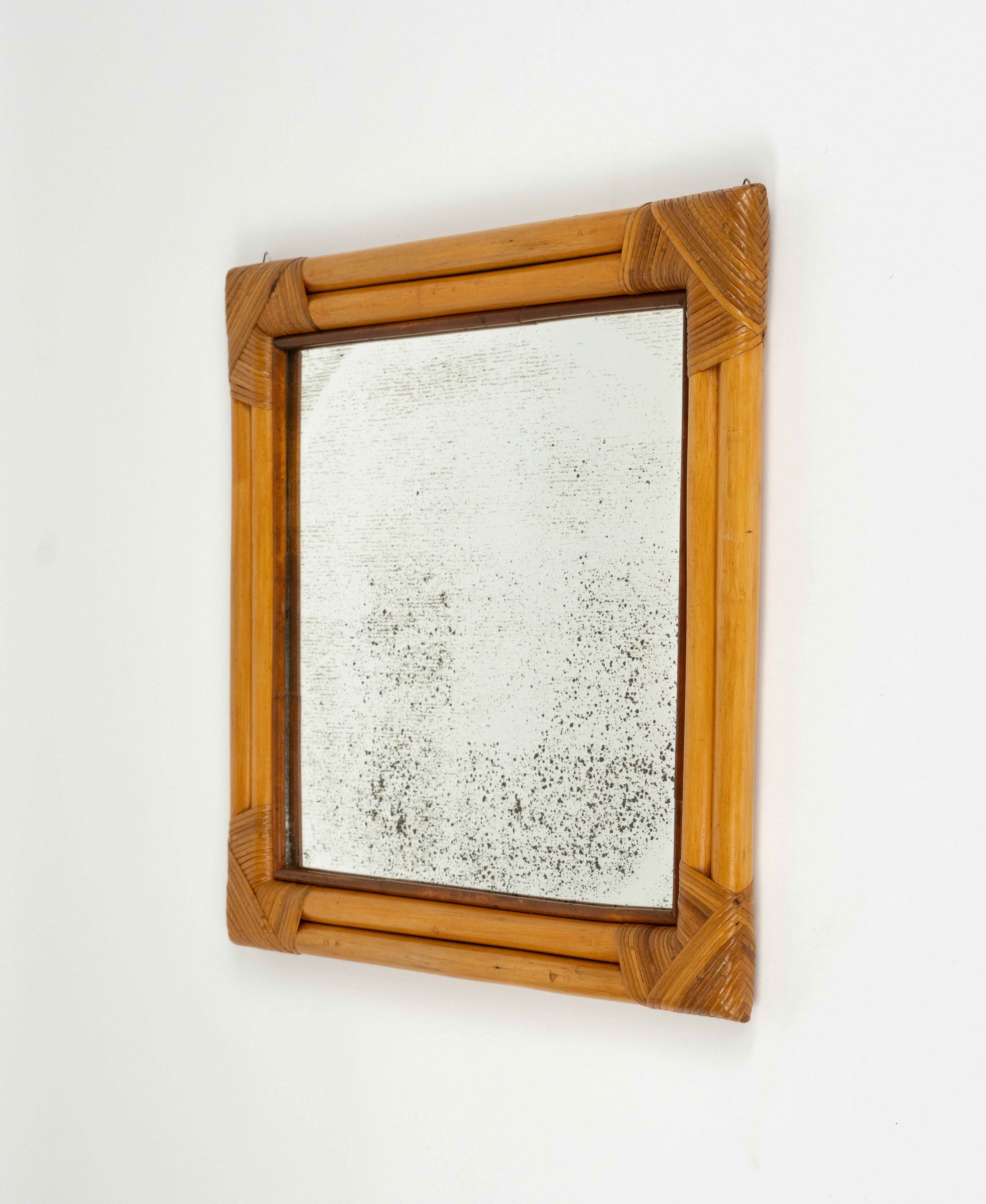 Midcentury Bamboo and Rattan Squared Wall Mirror whit Double Frame, Italy 1970s For Sale 2