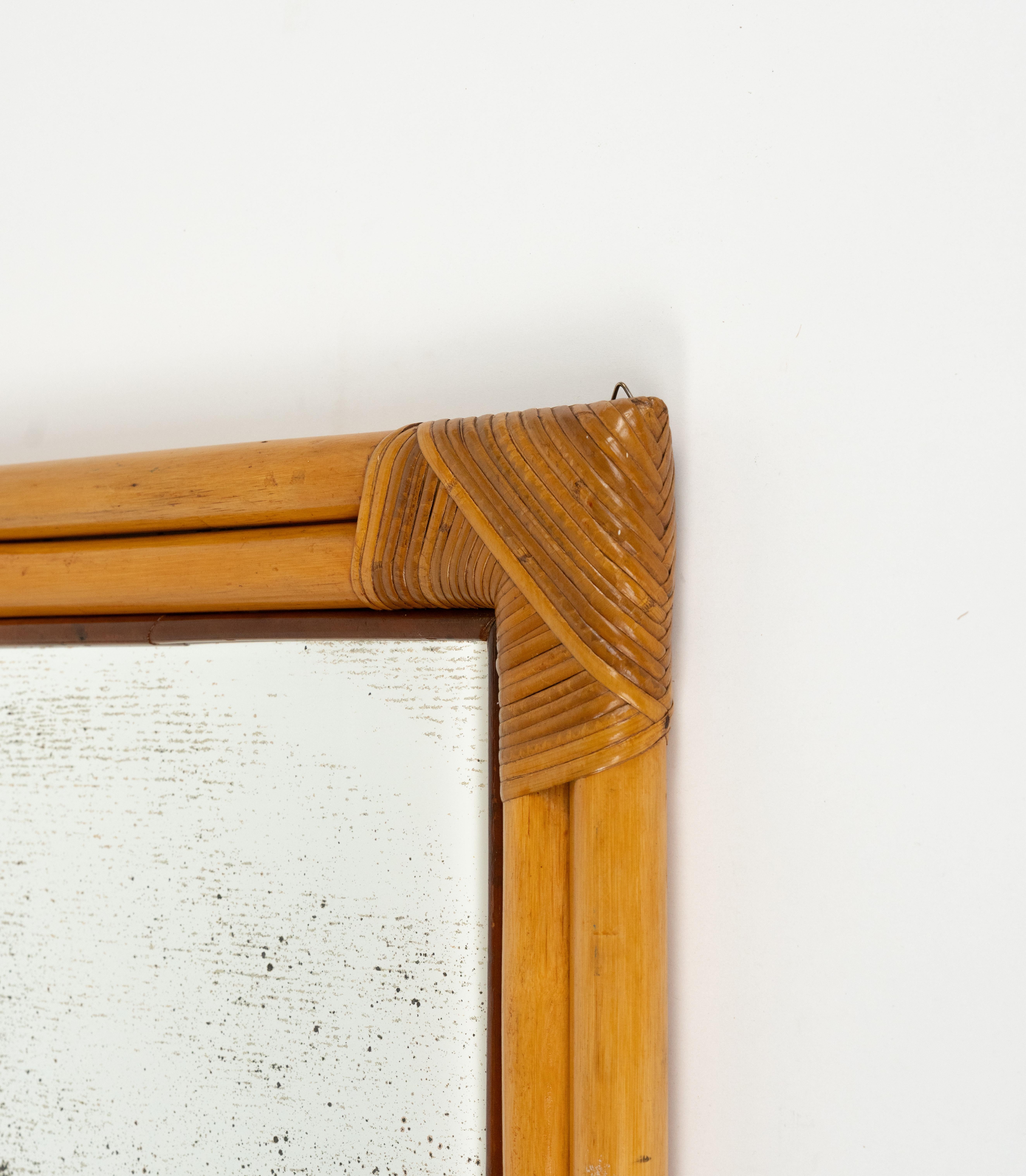 Midcentury Bamboo and Rattan Squared Wall Mirror whit Double Frame, Italy 1970s For Sale 3